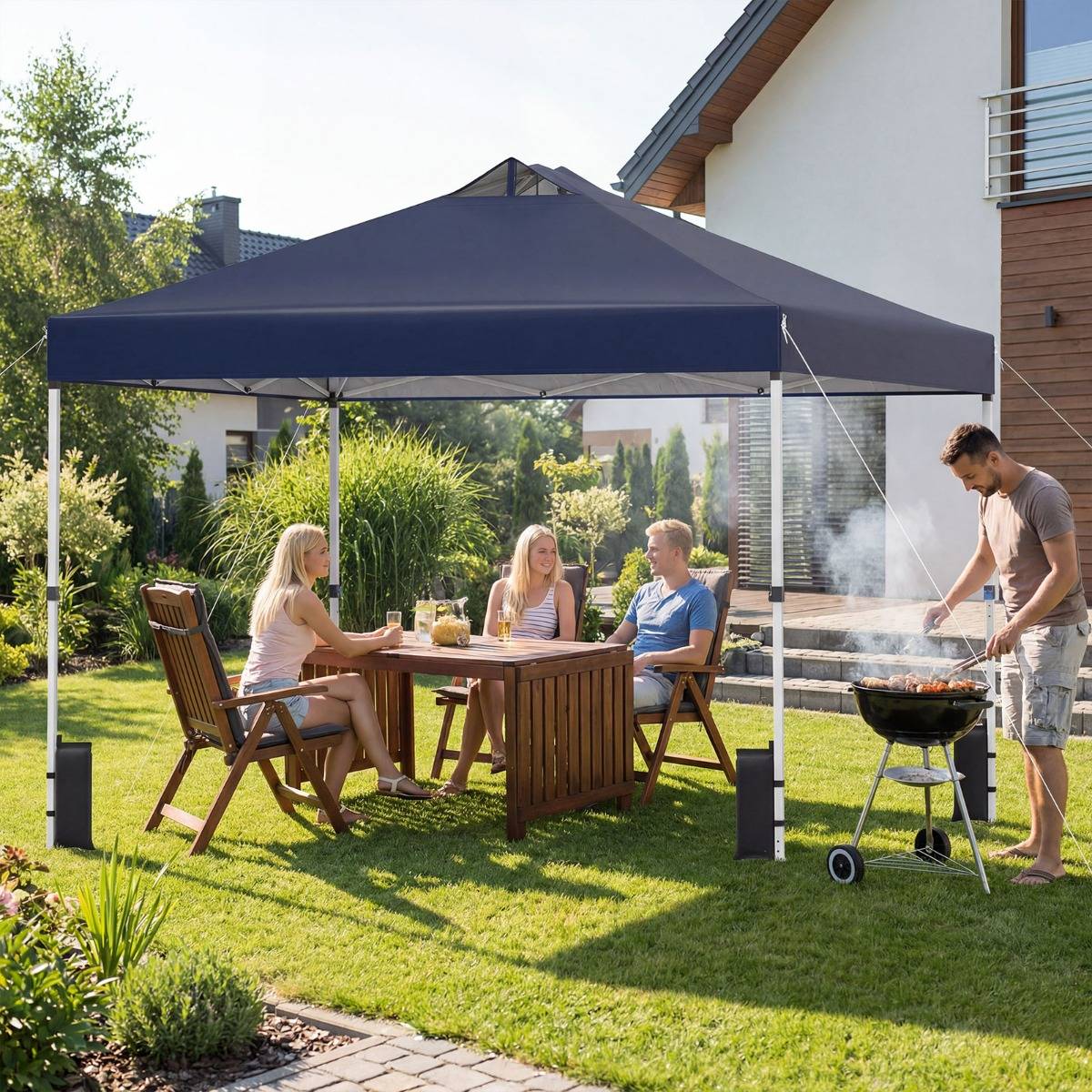 Tonnelle de Jardin 3x3 m Tente Pop-Up Toit à Revêtement Argenté Gazebo Portable avec 4 Sacs de Sable Piquets Bleu MAISON CHIC - Image 6