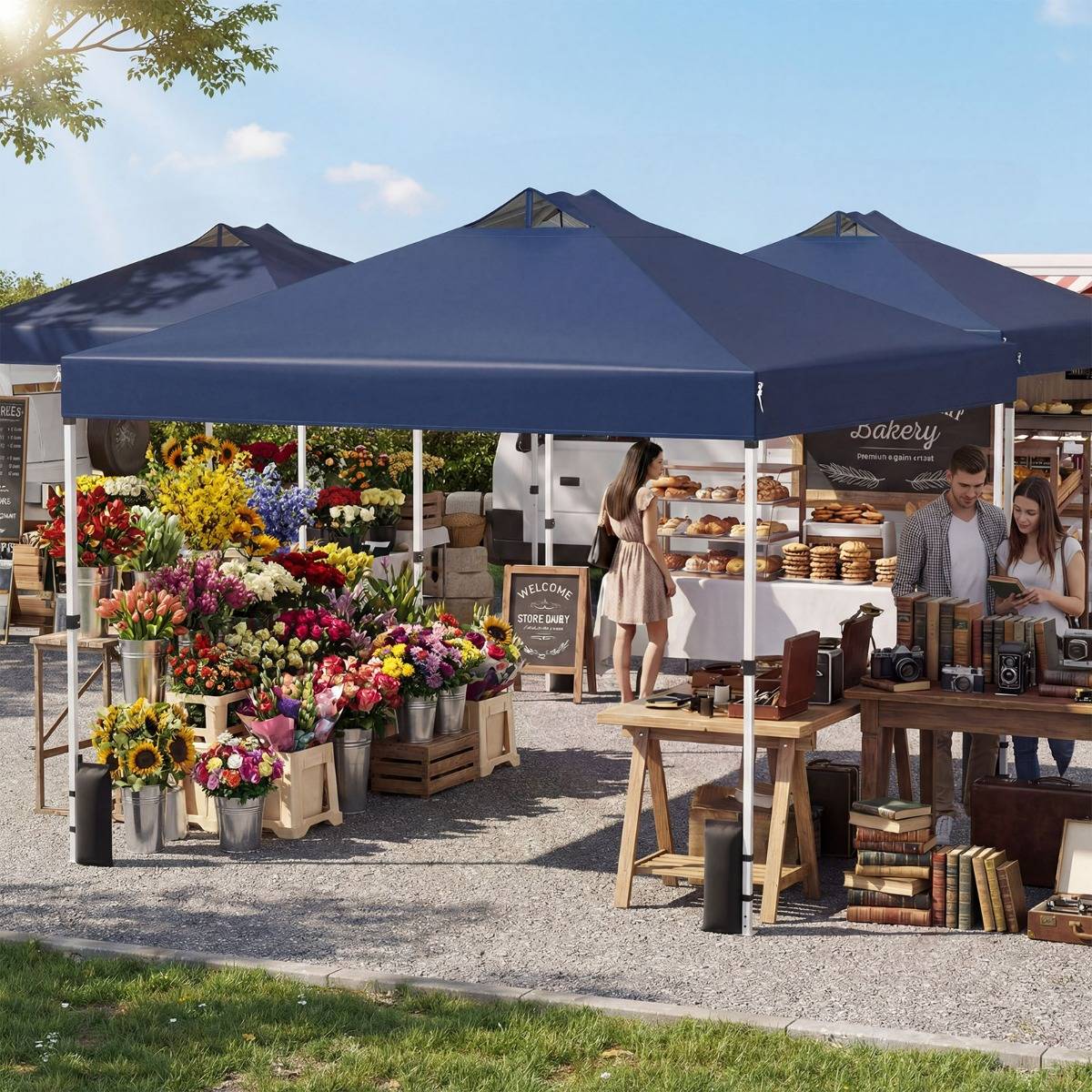 Tonnelle de Jardin 3x3 m Tente Pop-Up Toit à Revêtement Argenté Gazebo Portable avec 4 Sacs de Sable Piquets Bleu MAISON CHIC - Image 2
