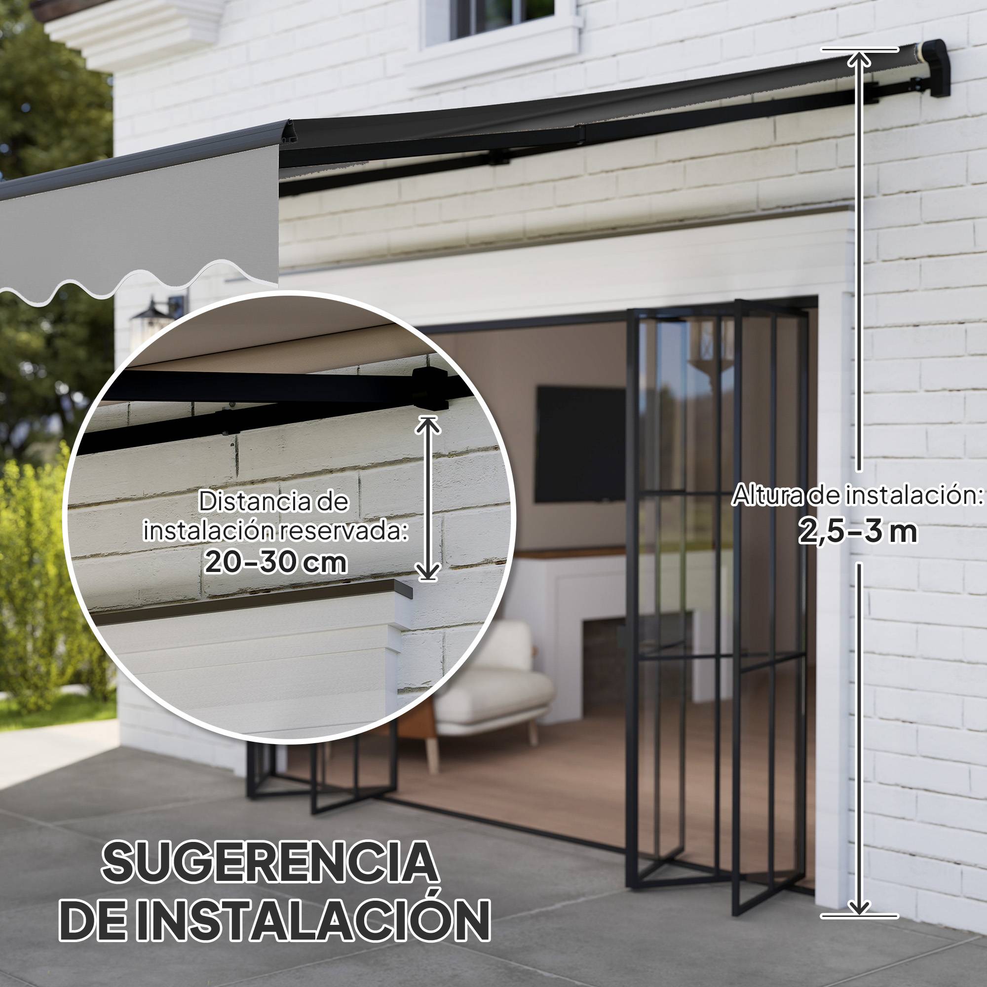 Store banne rétractable en aluminium pour fenêtres et portes, protection UV30+, inclinaison réglable, 360 x 220 cm, gris - Image 9