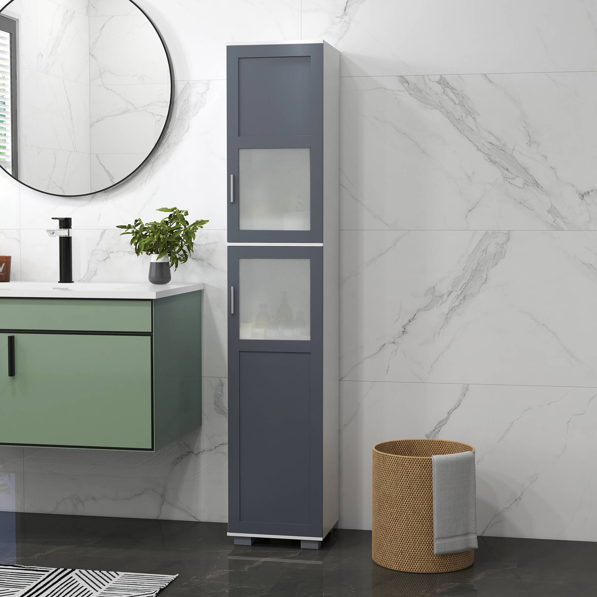 Sans Marque - Armoire de salle de bain haute, colonne de salle de bain avec 2 portes en verre trempé et étagères réglables, 37 x 35 x 190 cm, blanc et gris - Image 9