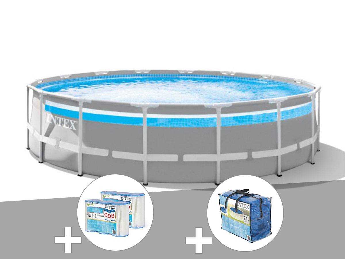 Kit piscine tubulaire Intex Prism Frame Clearview ronde 4,88 x 1,22 m + Bâche à bulles + 6 cartouches de filtration - Image 1