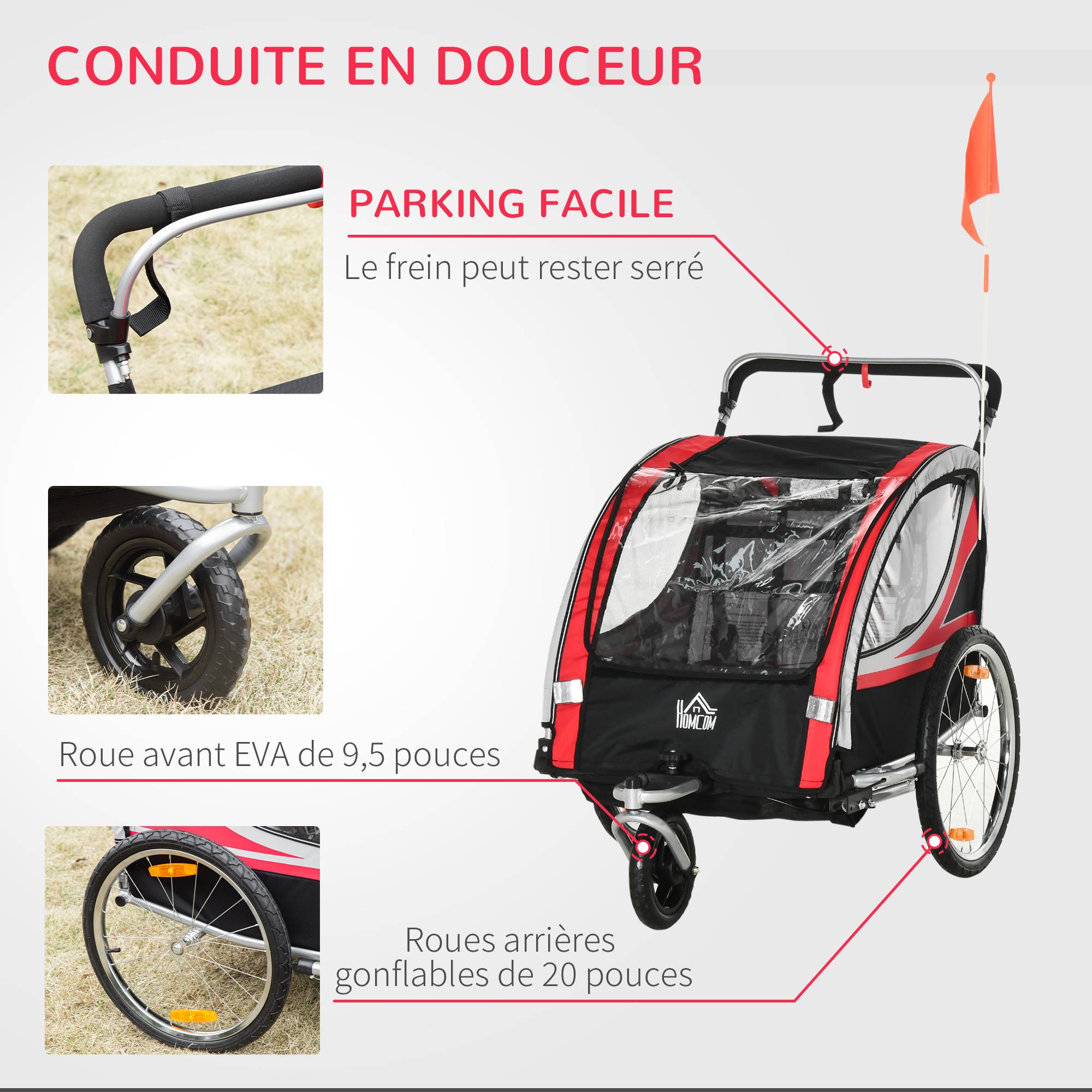 Remorque vélo pour enfant 2 en 1 convertible jogger poussette capacité 26,4 kg avec réflecteurs et drapeau - 2 places  - rouge - Image 7