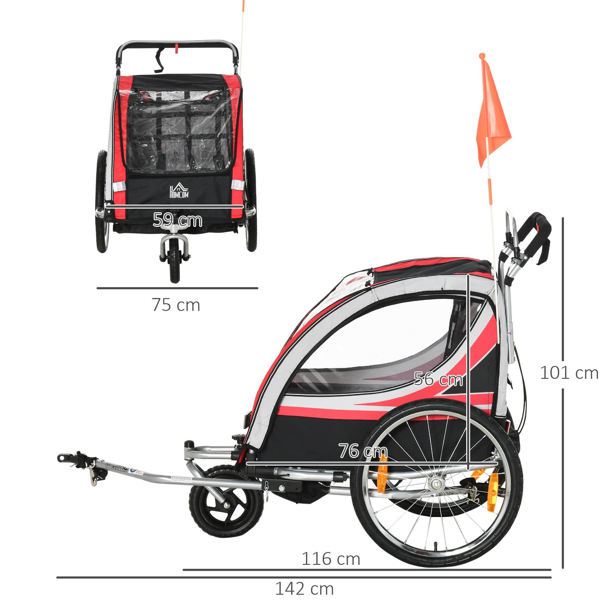 Remorque vélo pour enfant 2 en 1 convertible jogger poussette capacité 26,4 kg avec réflecteurs et drapeau - 2 places  - rouge - Image 5