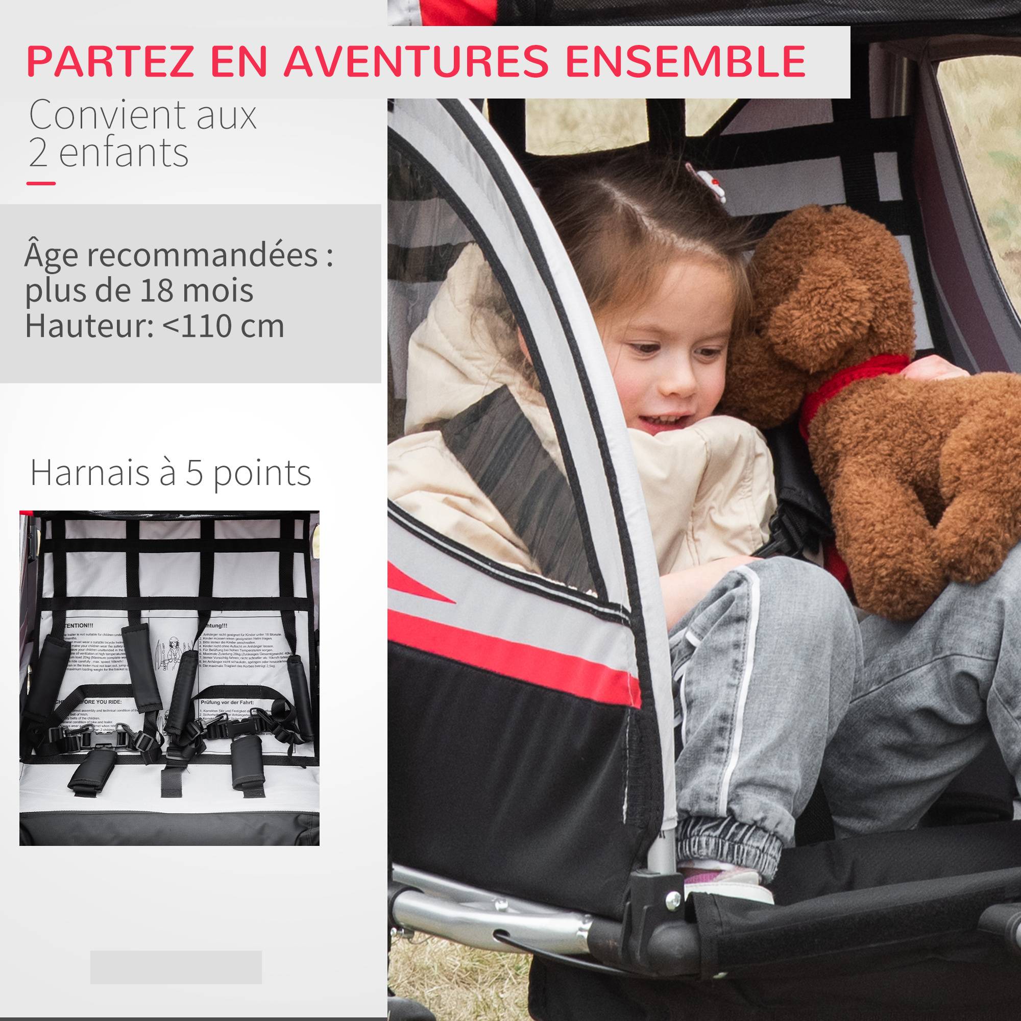 Remorque vélo pour enfant 2 en 1 convertible jogger poussette capacité 26,4 kg avec réflecteurs et drapeau - 2 places - rouge - Image 8