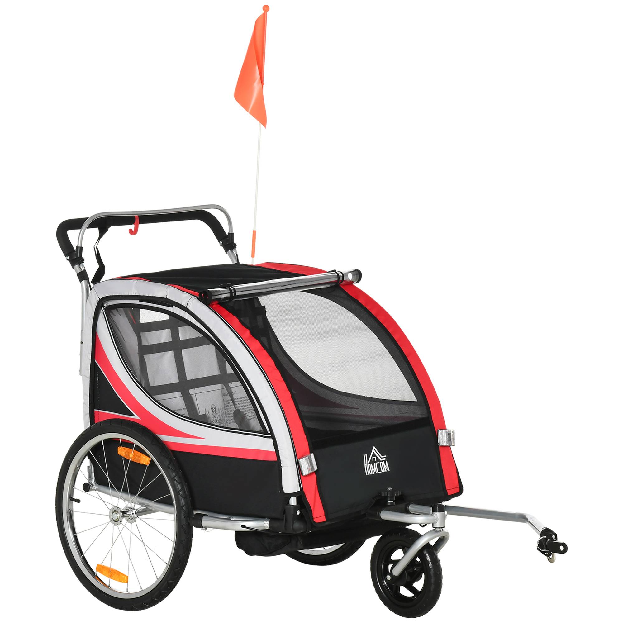 Remorque vélo pour enfant 2 en 1 convertible jogger poussette capacité 26,4 kg avec réflecteurs et drapeau - 2 places - rouge - Image 2