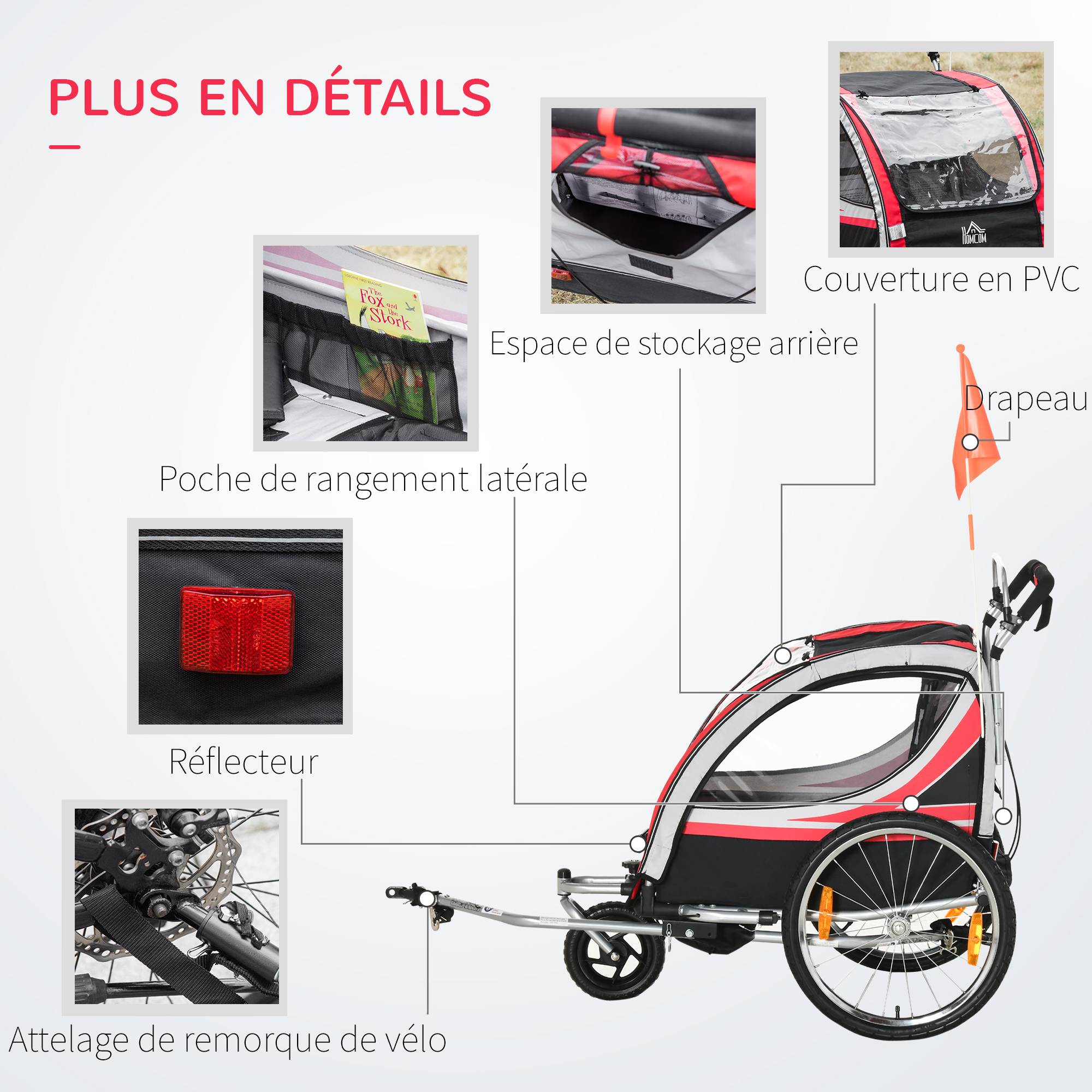 Remorque vélo pour enfant 2 en 1 convertible jogger poussette capacité 26,4 kg avec réflecteurs et drapeau - 2 places  - rouge - Image 9