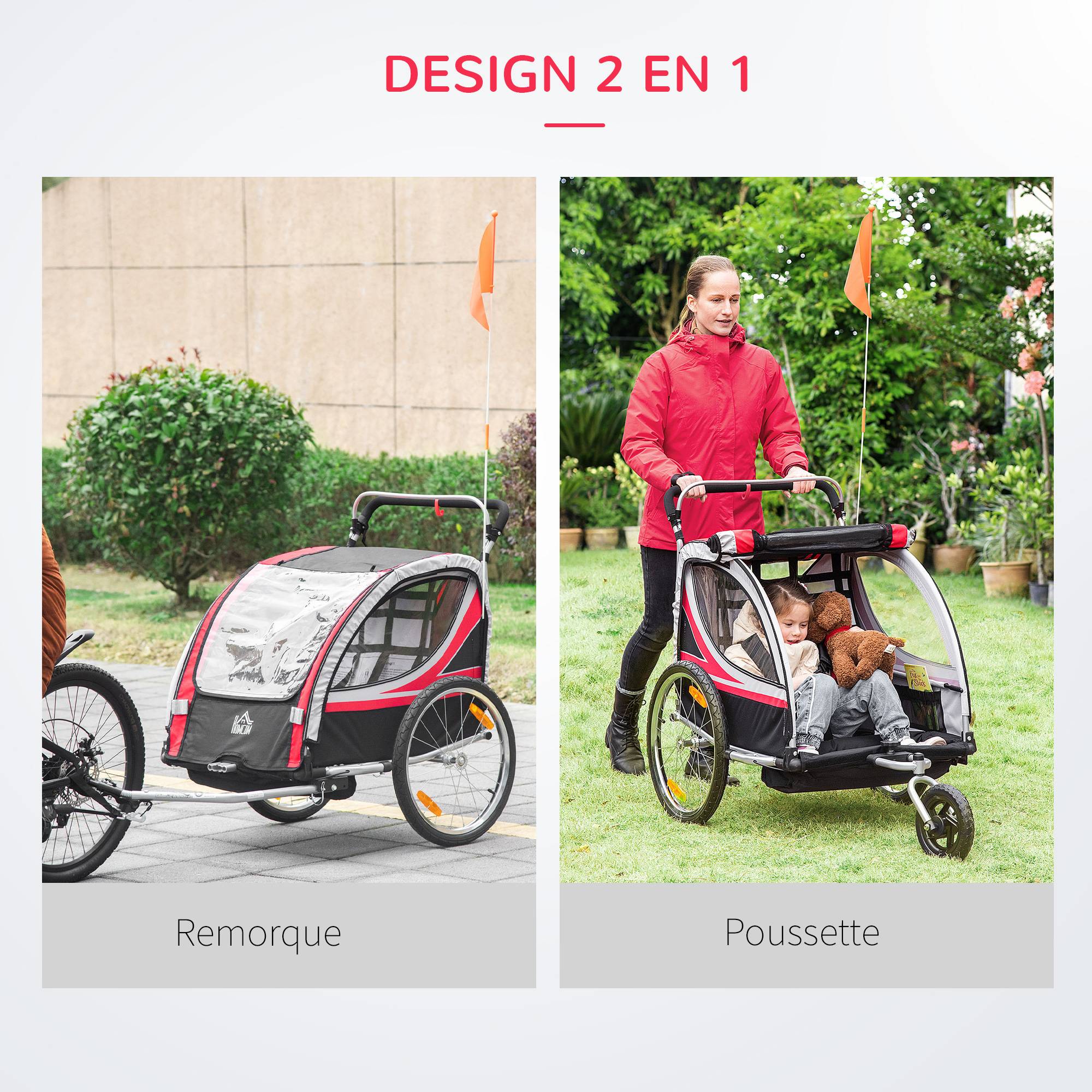 Remorque vélo pour enfant 2 en 1 convertible jogger poussette capacité 26,4 kg avec réflecteurs et drapeau - 2 places - rouge - Image 6
