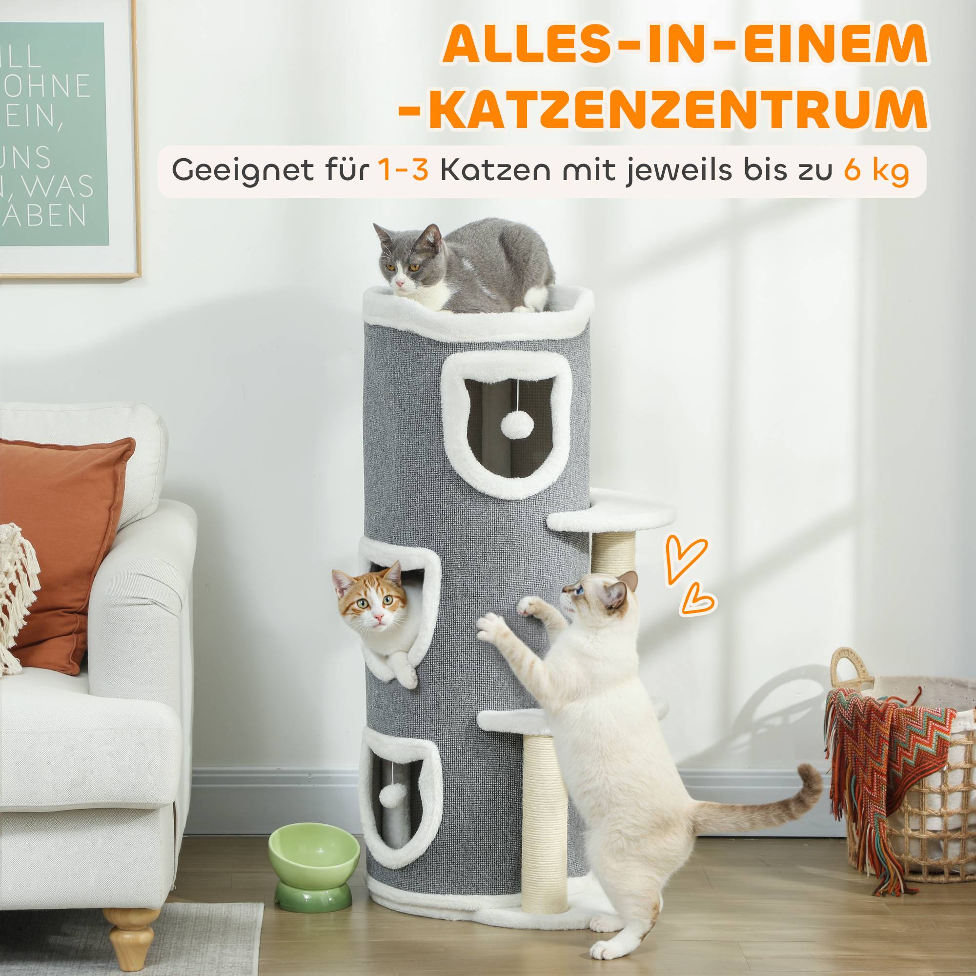 ComfortXL - Tour griffoir pour chat aggloméré 50 x 36 x 101 cm grise 3 niveaux avec niches jouets et poteaux en sisal - Image 4