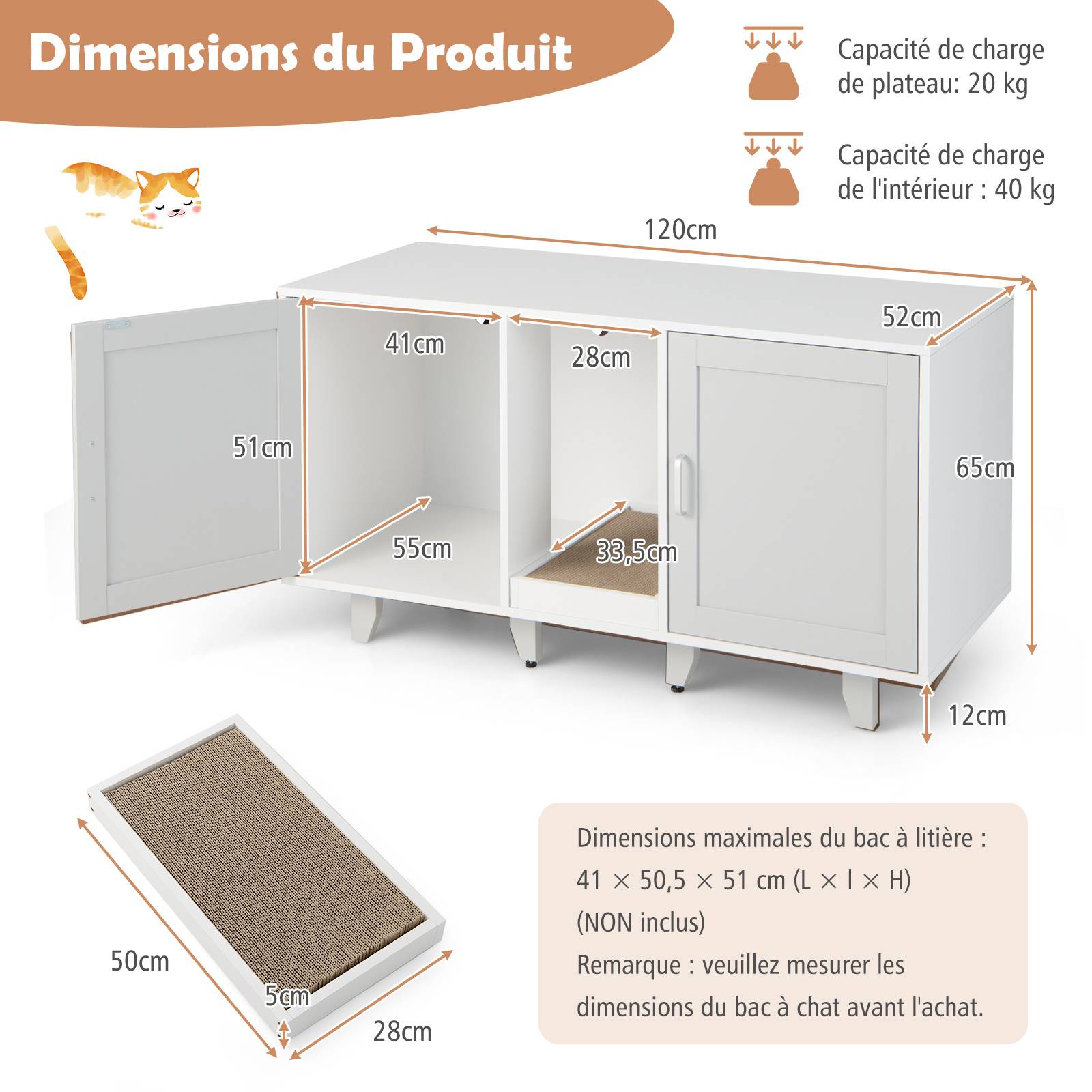 Maison de Toilettes pour Chat à Double Portes, Meuble à Litière en Bois(Gris) - Image 3
