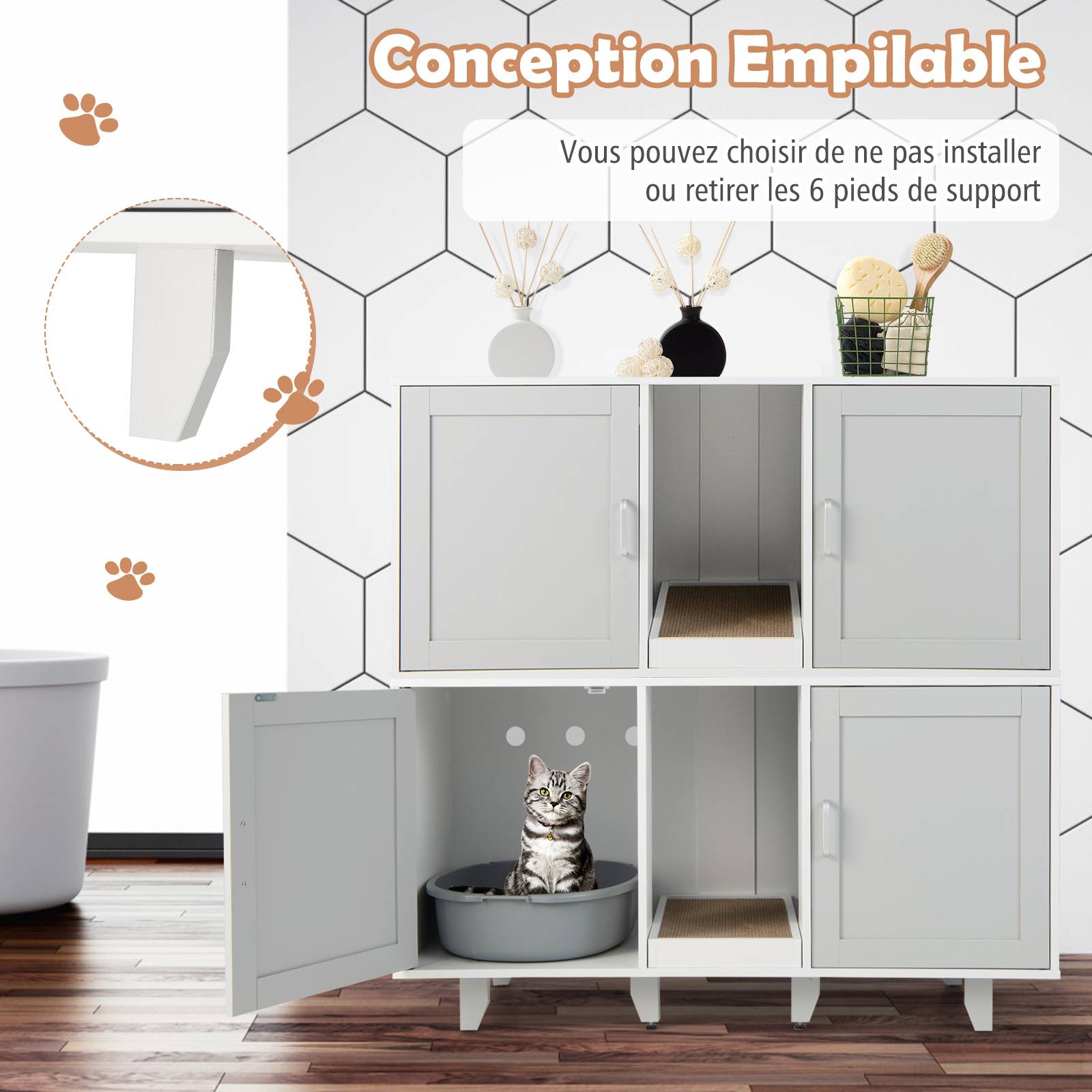 Maison de Toilettes pour Chat à Double Portes, Meuble à Litière en Bois(Gris) - Image 5