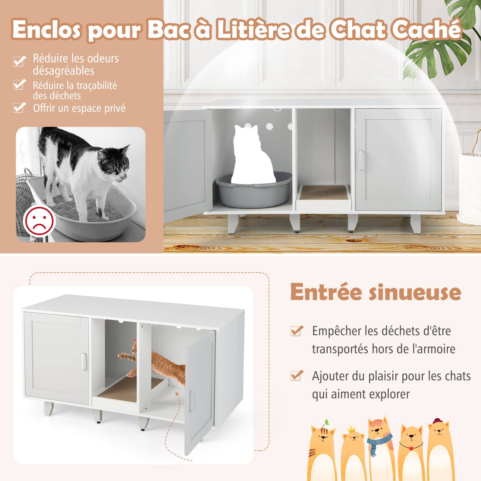 Maison de Toilettes pour Chat à Double Portes, Meuble à Litière en Bois(Gris) - Image 8