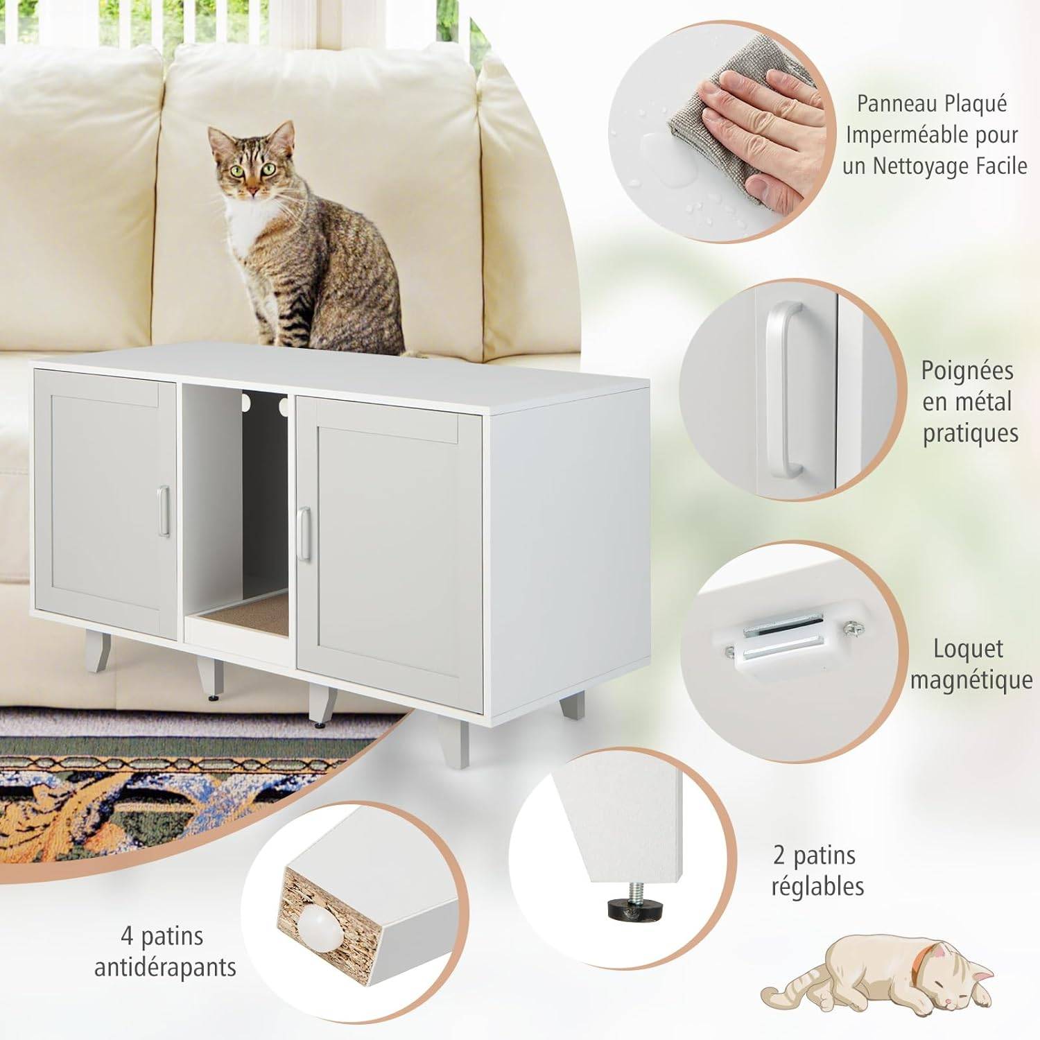 Maison de Toilettes pour Chat à Double Portes, Meuble à Litière en Bois(Gris) - Image 4