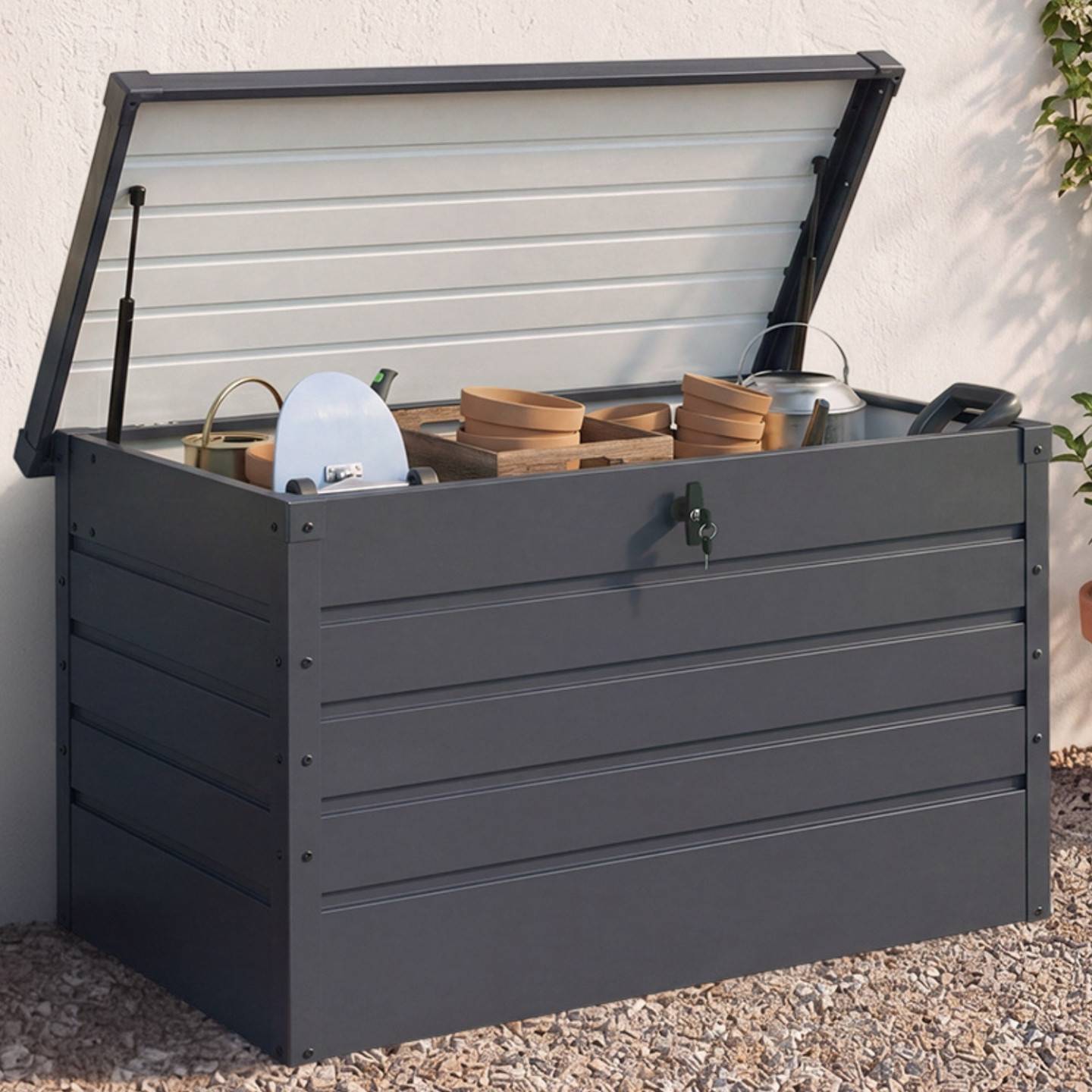 Coffre de rangement métal verrouillable gris anthracite pour jardin 350L 120x62,5x63 cm - Image 1