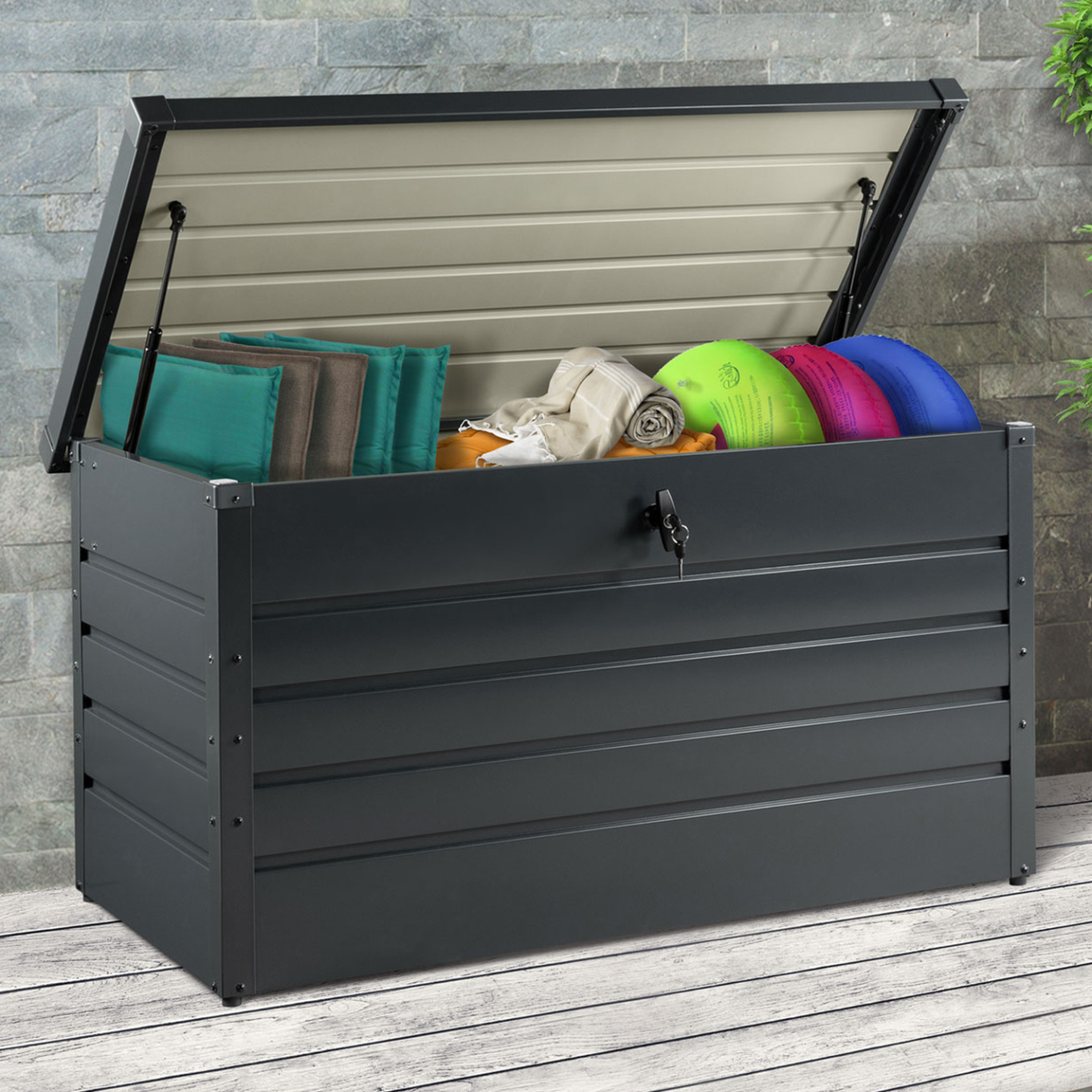 Coffre de rangement métal verrouillable gris anthracite pour jardin 350L 120x62,5x63 cm - Image 4