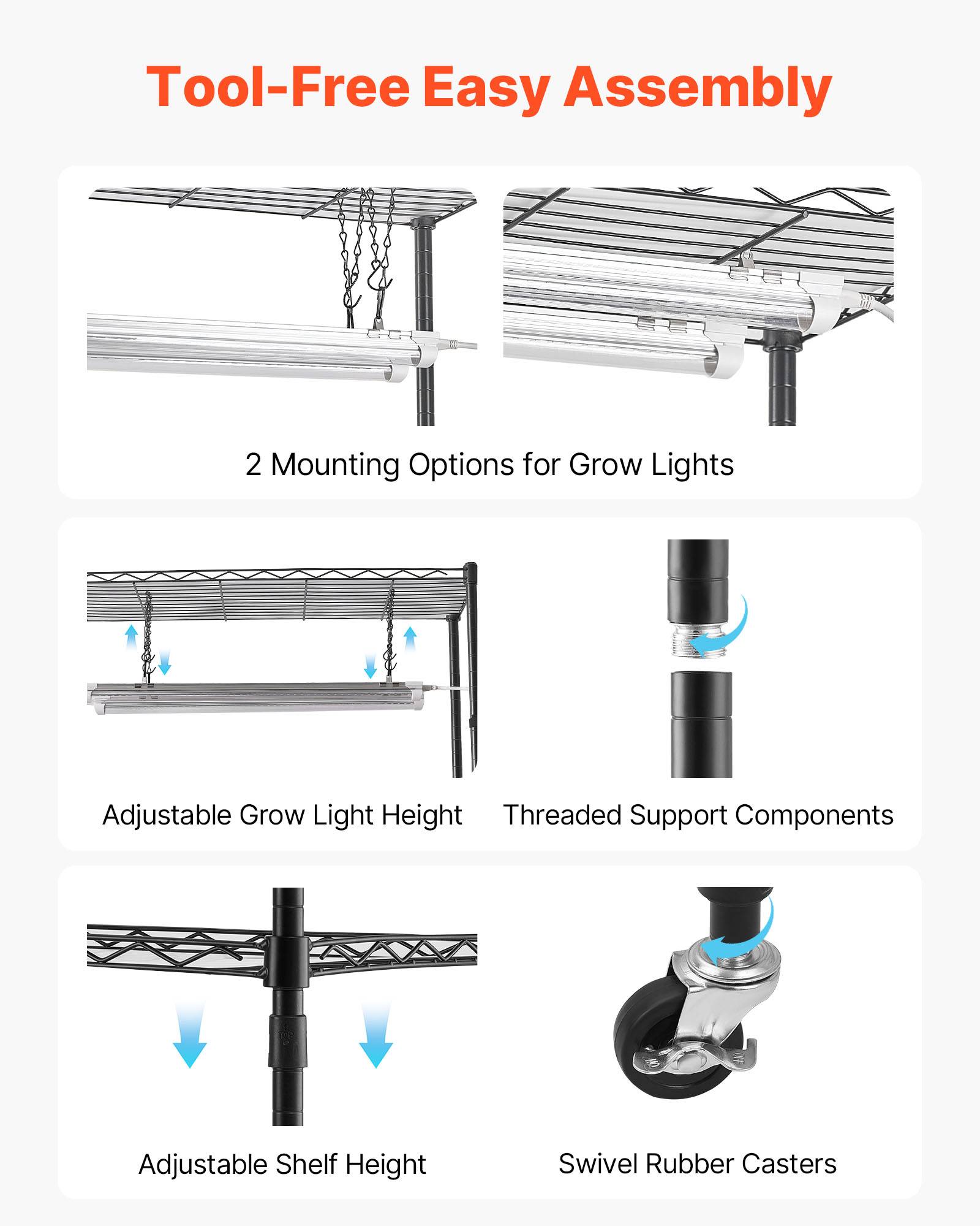 Vevor - VEVOR Étagère plantes 6 niveaux 180 cm, 8 LED 24W 192W, spectre complet 5000K, roulettes, structure métal - Image 7