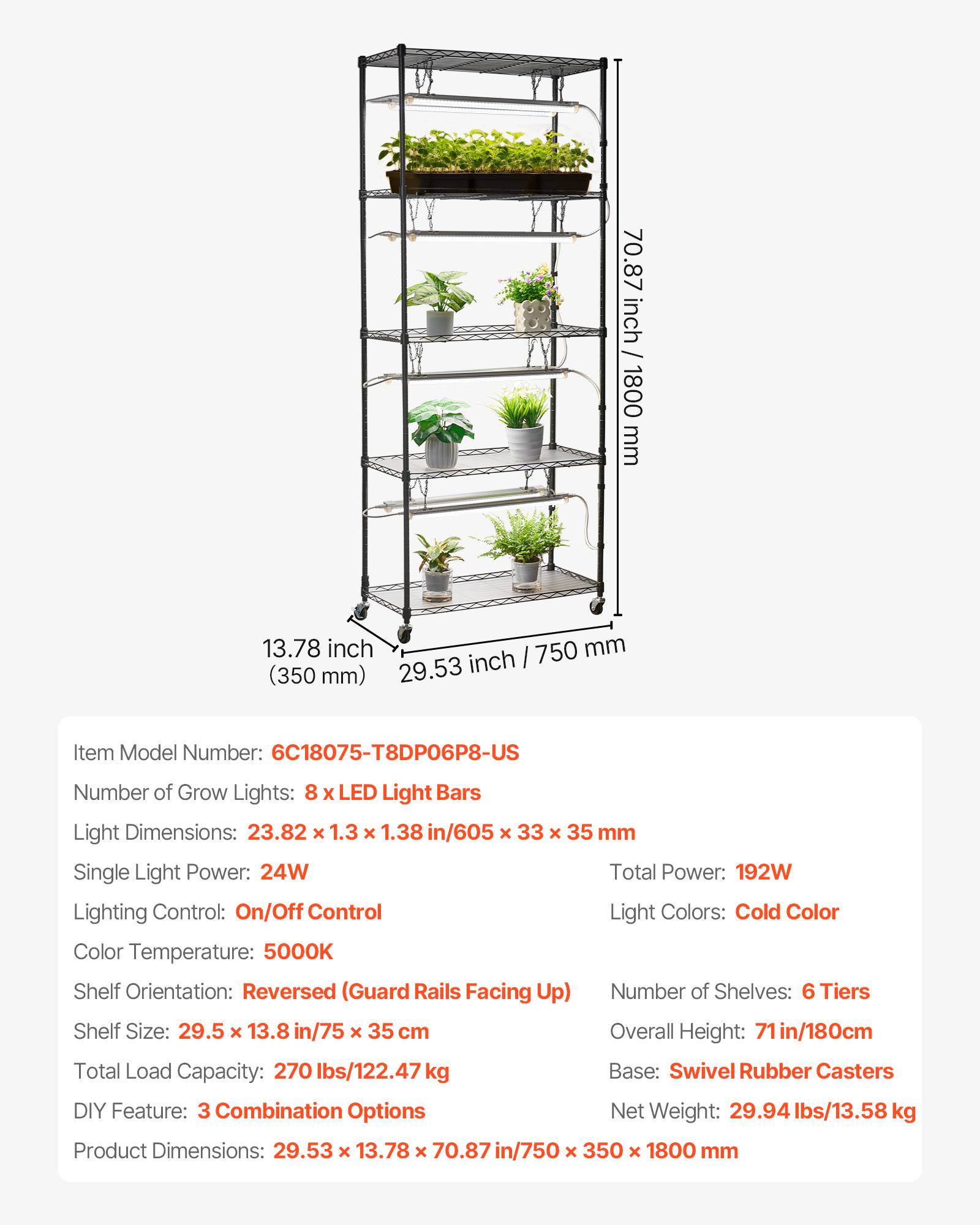 Vevor - VEVOR Étagère plantes 6 niveaux 180 cm, 8 LED 24W 192W, spectre complet 5000K, roulettes, structure métal - Image 6