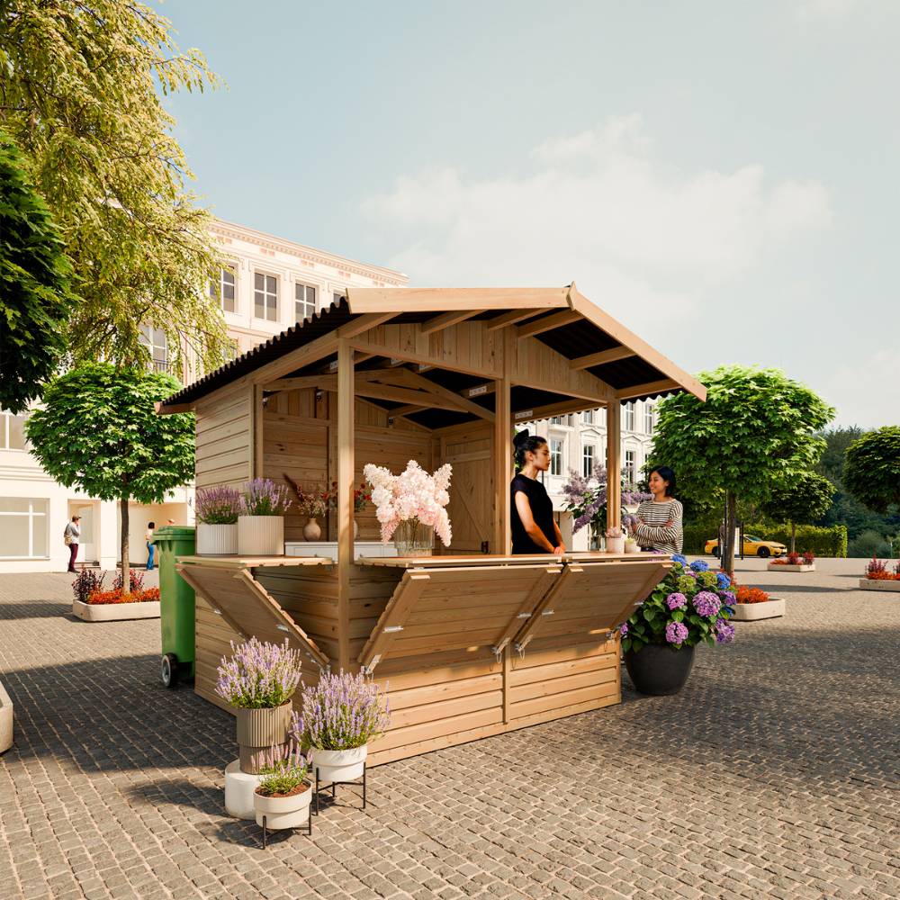 Timbela - Kiosque en bois - 4 m² - 263x253xH232 cm - Stand de vente en bois - avec 4 fenêtres de vente - 17 mm d’épaisseur - Timbela M149B
