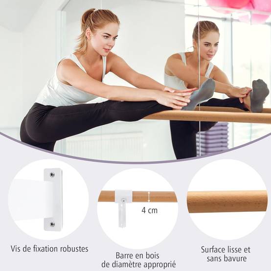 Barre de Danse Murale en Bois 120 cm Hauteur Fixe Ø 38 mm,Noir & Naturel (Blanc+Naturel) - Image 1