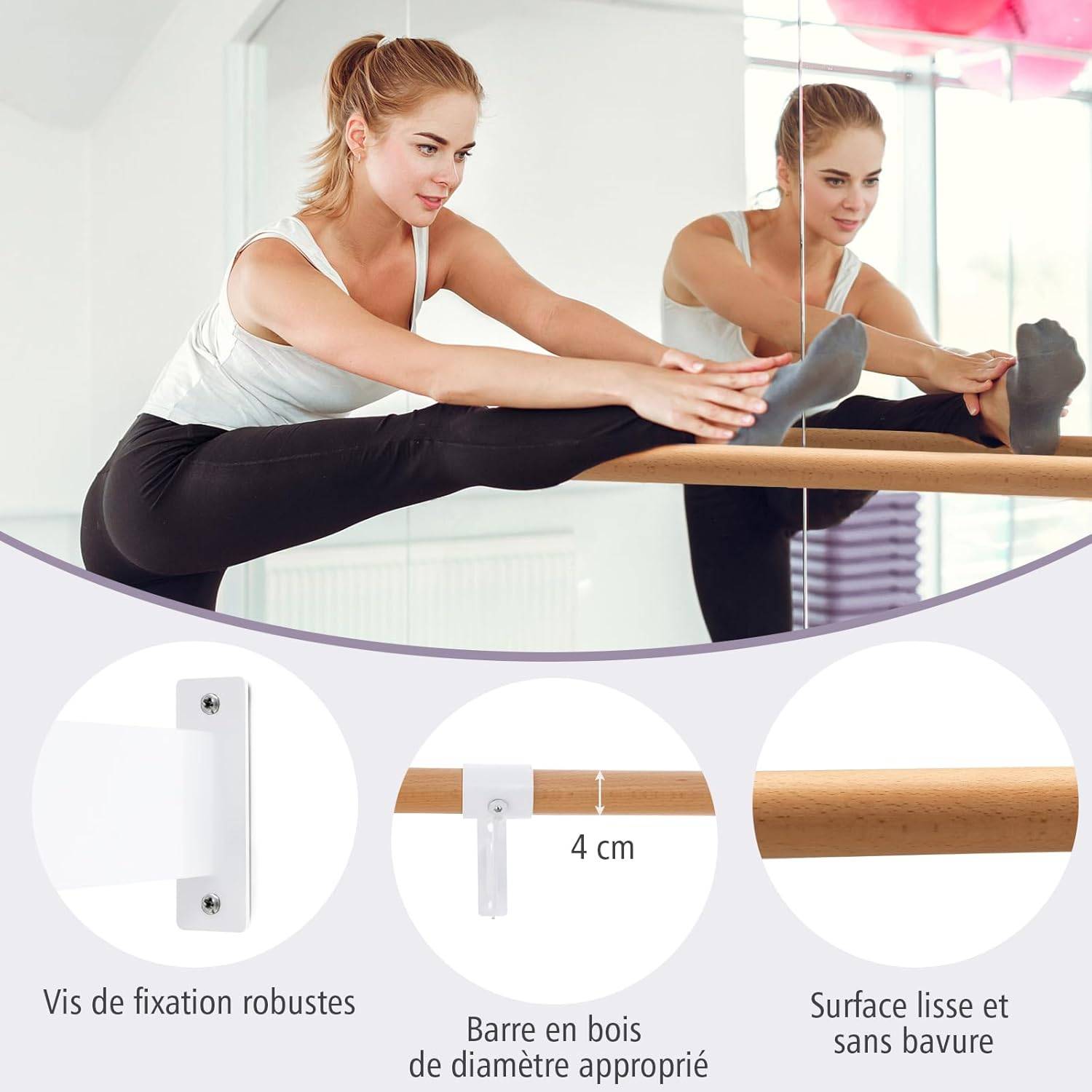 Barre de Danse Murale en Bois 120 cm Hauteur Fixe Ø 38 mm,Noir & Naturel (Blanc+Naturel) - Image 1