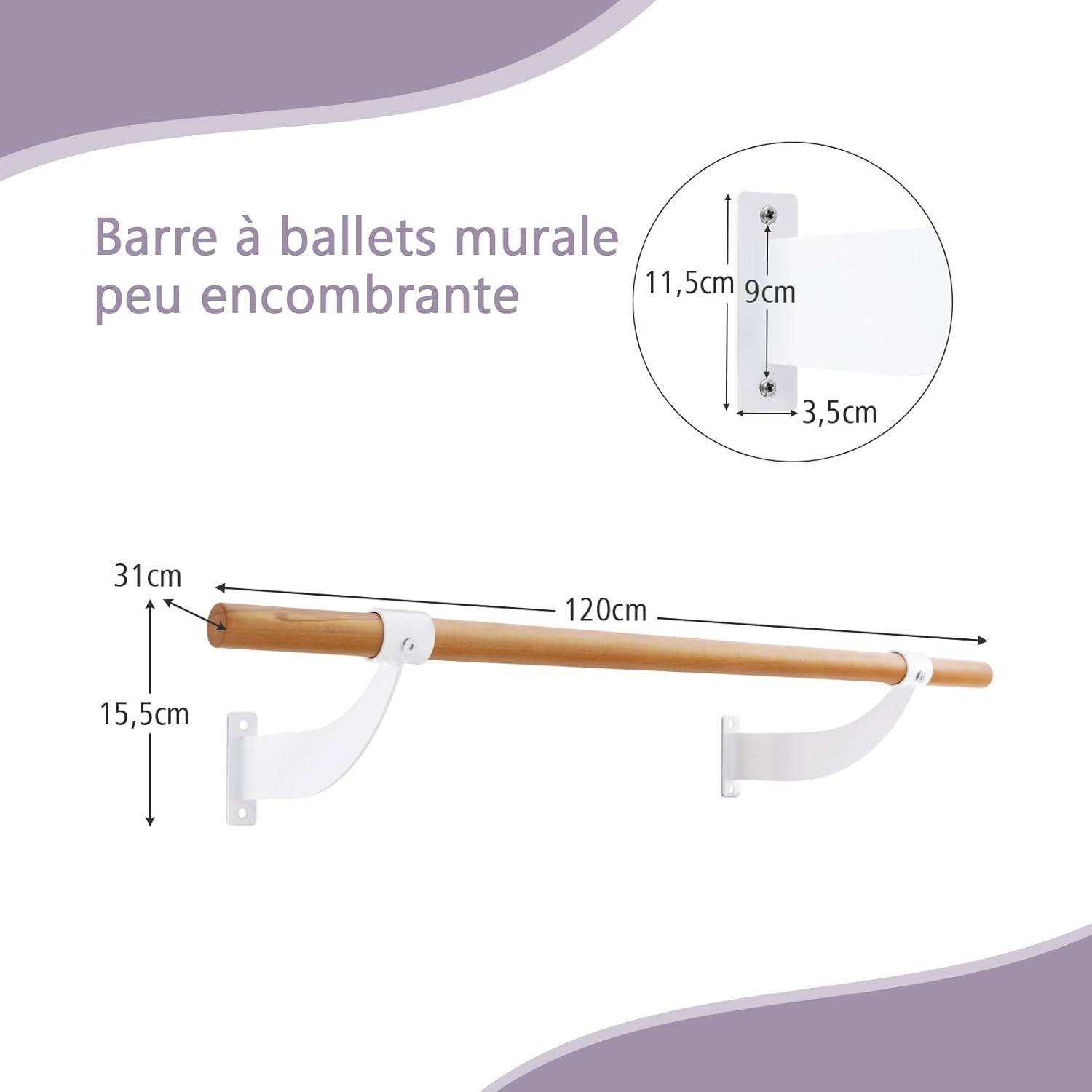 Barre de Danse Murale en Bois 120 cm Hauteur Fixe Ø 38 mm,Noir & Naturel (Blanc+Naturel) - Image 3