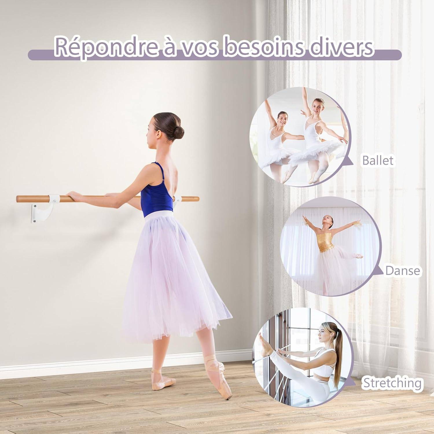 Barre de Danse Murale en Bois 120 cm Hauteur Fixe Ø 38 mm,Noir & Naturel (Blanc+Naturel) - Image 2