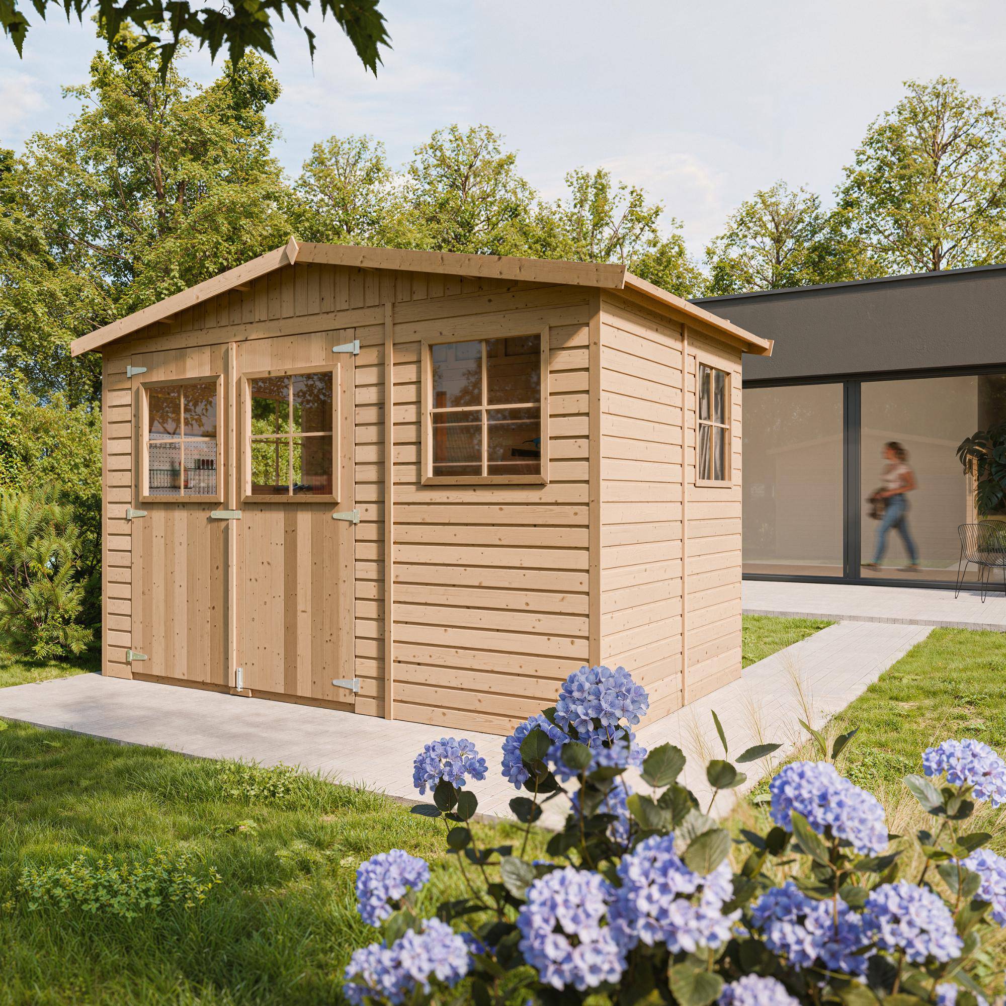 Timbela - Abri de jardin en bois Exterieur H226x324x216 cm / 6 m² avec les planchers imprégné - Cabane de jardin - 17 mm d’épaisseur - Timbela M334+M334G - Image 1