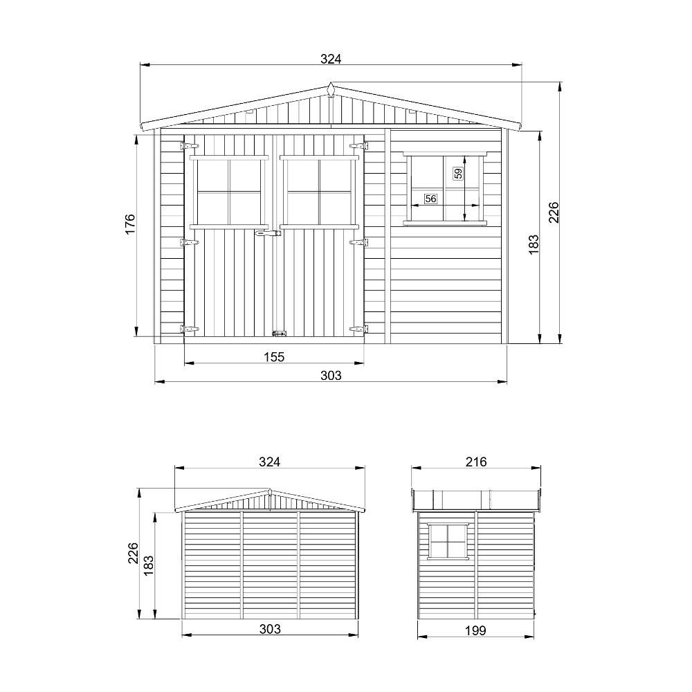 Timbela - Abri de jardin en bois Exterieur H226x324x216 cm / 6 m² avec les planchers imprégné - Cabane de jardin - 17 mm d’épaisseur - Timbela M334+M334G - Image 5