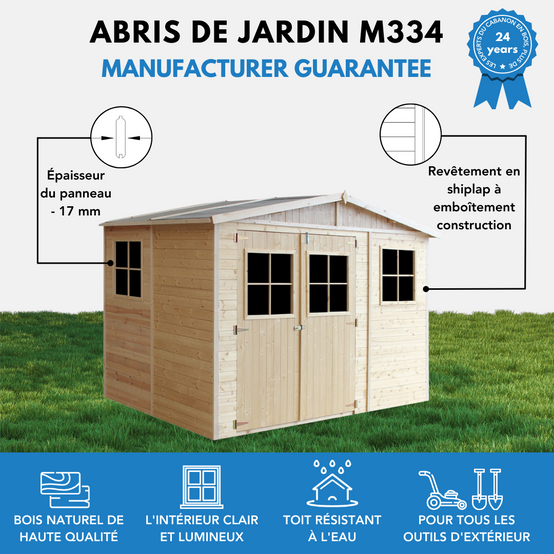 Timbela - Abri de jardin en bois Exterieur H226x324x216 cm / 6 m² avec les planchers imprégné - Cabane de jardin - 17 mm d’épaisseur - Timbela M334+M334G - Image 8