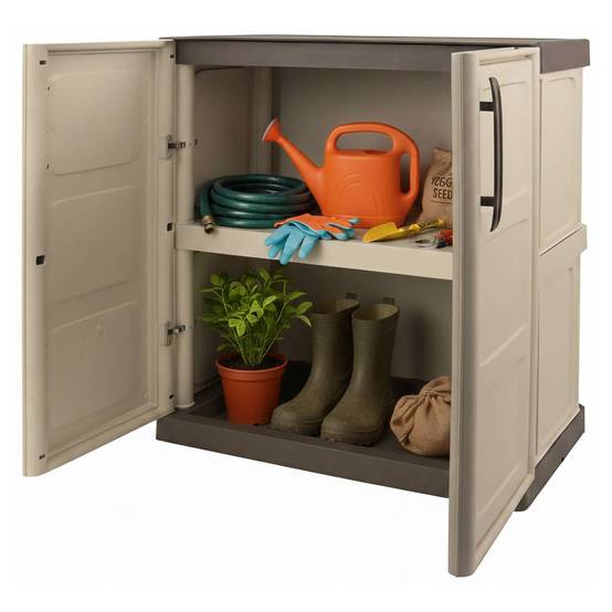 Dmora - Armoire d'extérieur Dambrosi, Armoire de balcon polyvalente, Mobilier d'extérieur avec 2 portes, Beige et Marron, 70x39h86 cm, Finition à carreaux - Image 1