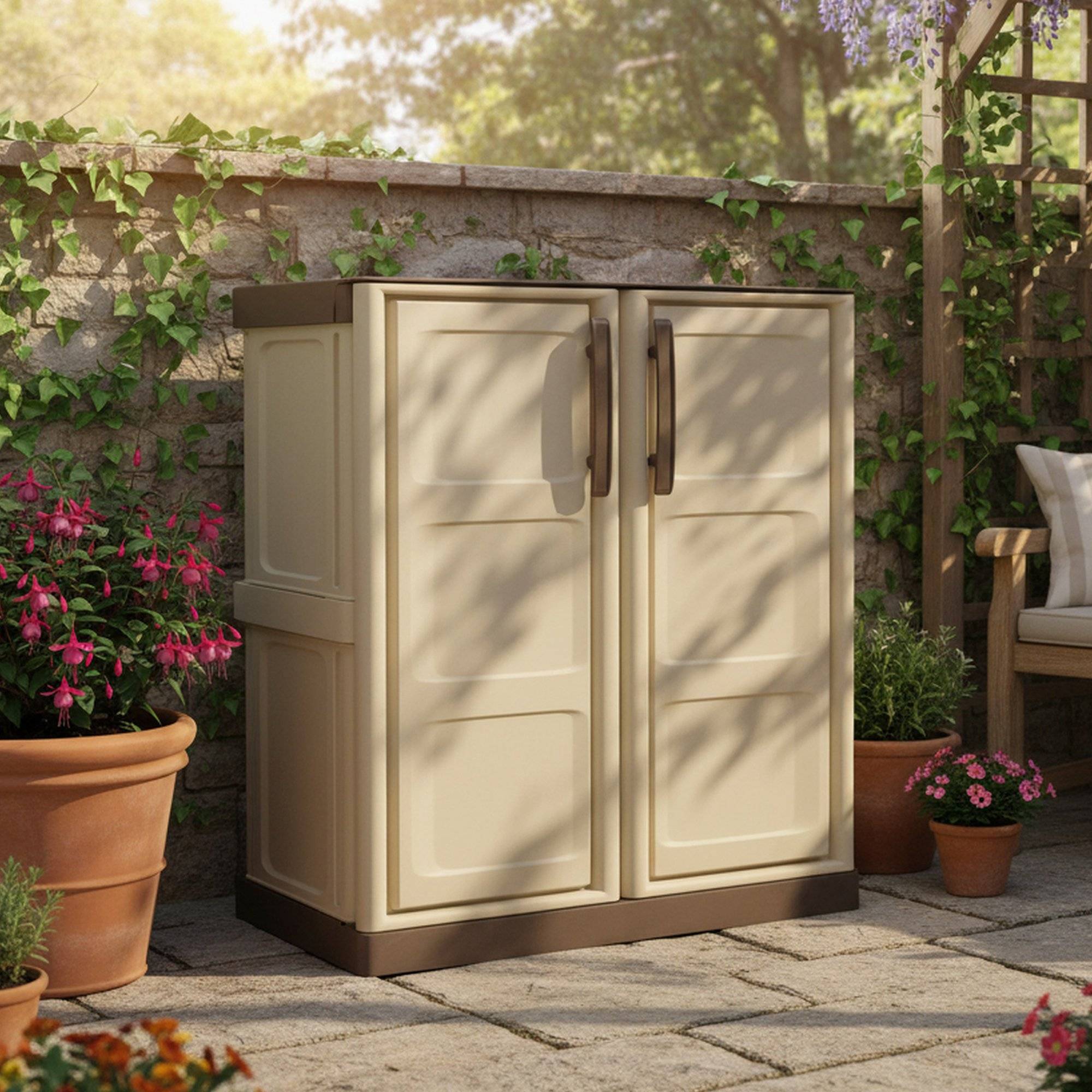 Dmora - Armoire d'extérieur Dambrosi, Armoire de balcon polyvalente, Mobilier d'extérieur avec 2 portes, Beige et Marron, 70x39h86 cm, Finition à carreaux - Image 2