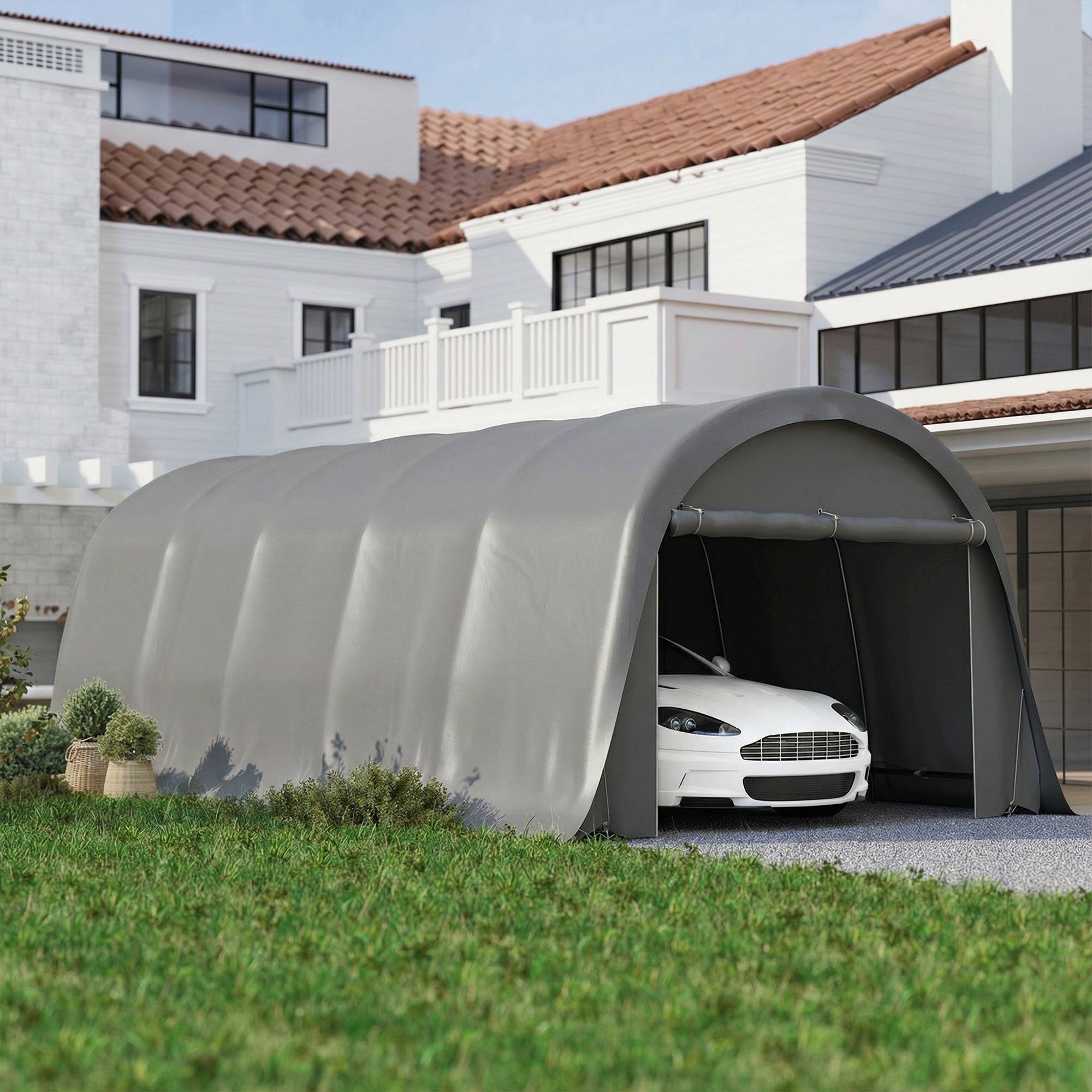 Sans Marque - Carport tente de garage 3,6 x 7,2 m abri voiture extérieur tente de stockage avec parois latérales amovibles, gris foncé - Image 3