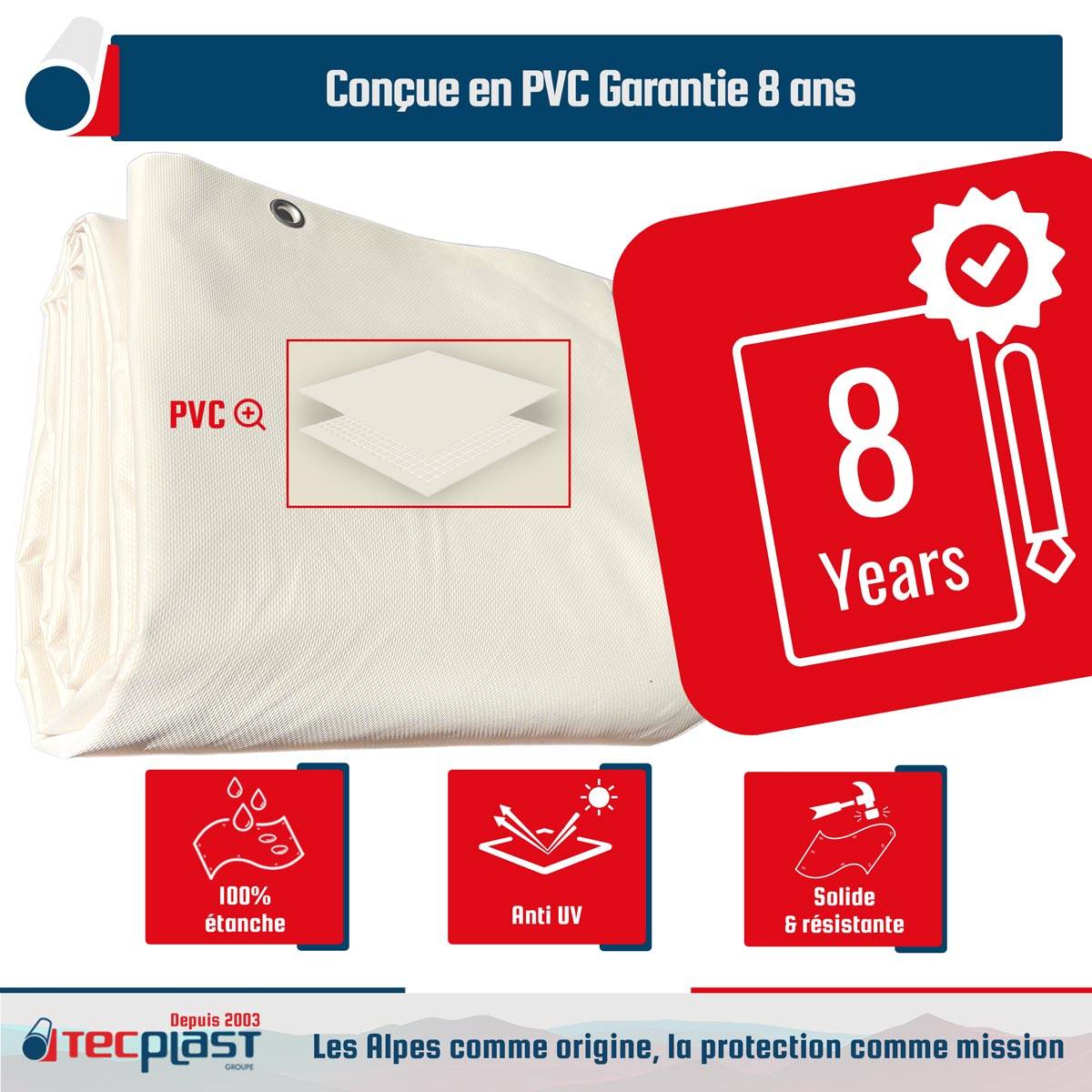 Toile Pergola Blanc Crème 2x3 m LP640PR - Garantie 8 ans - Bâche Pergola ou Tonnelle étanche en PVC pour terrasse TECPLAST - Image 2