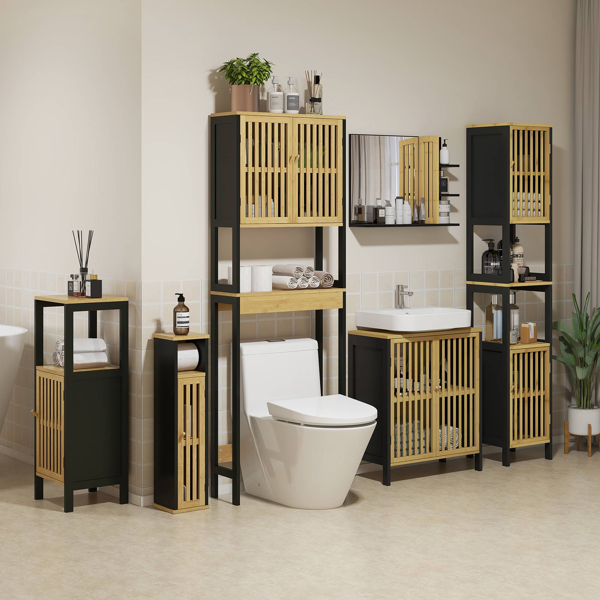 Sans Marque - Meuble toilette 2 portes lattes étagère ouverte 60x21,5x172 cm couleur bois - Image 3