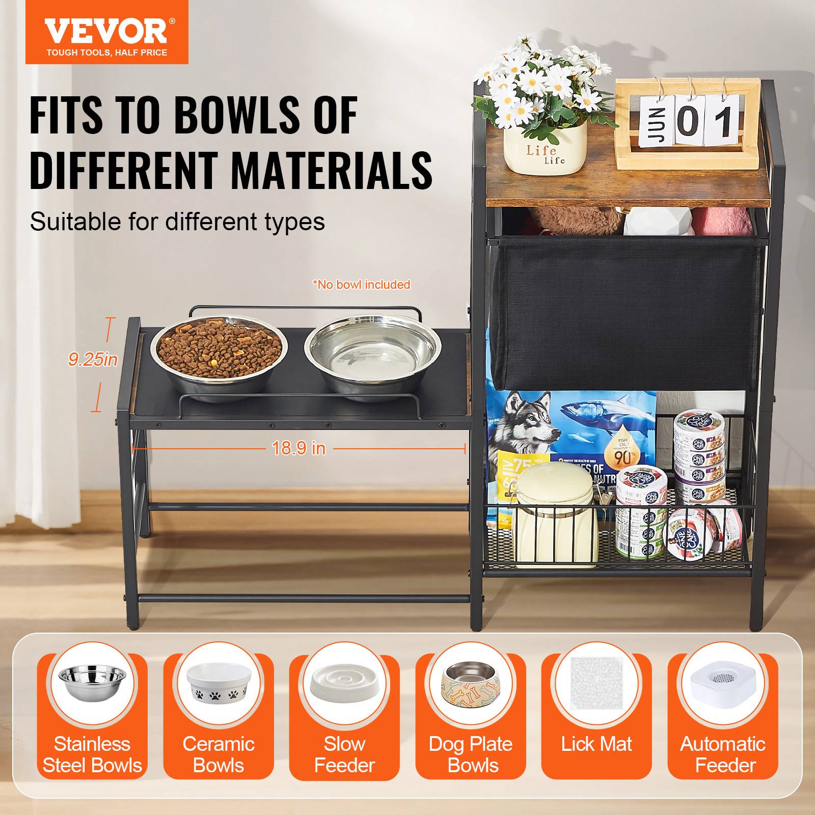 VEVOR Support gamelle surélevée réglable 92x27x75 cm, étagère rangement jouets et nourriture pour chiens toutes tailles. - Image 2