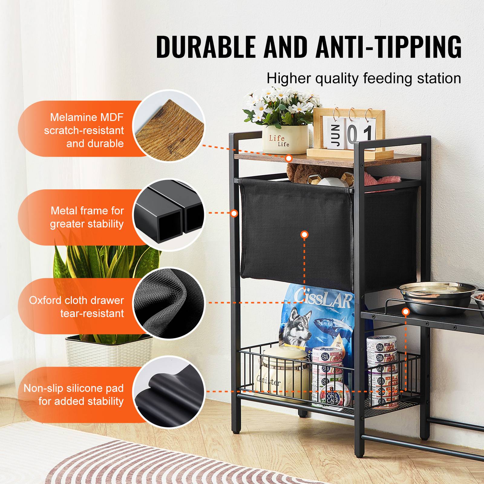 VEVOR Support gamelle surélevée réglable 92x27x75 cm, étagère rangement jouets et nourriture pour chiens toutes tailles. - Image 4