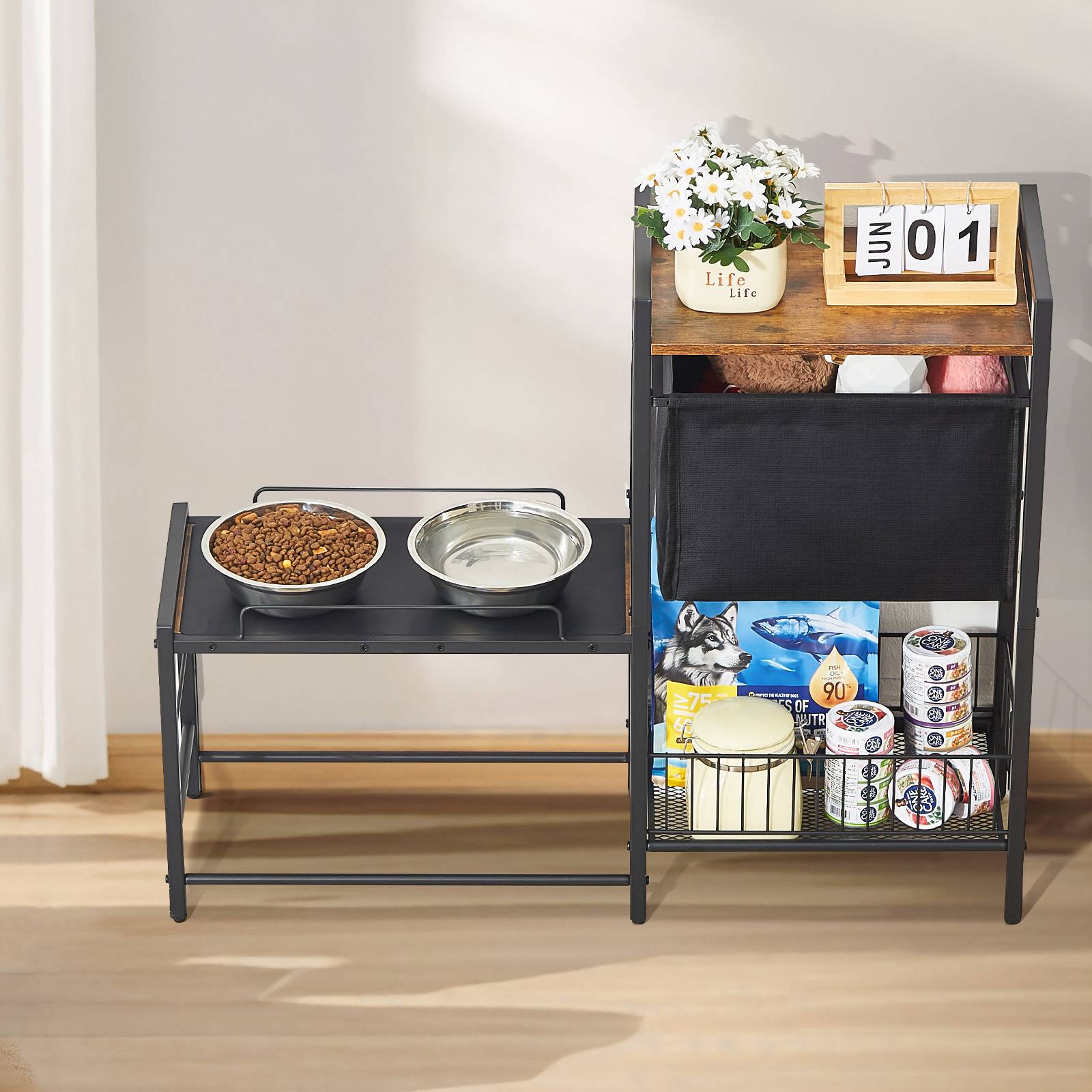 VEVOR Support gamelle surélevée réglable 92x27x75 cm, étagère rangement jouets et nourriture pour chiens toutes tailles. - Image 8