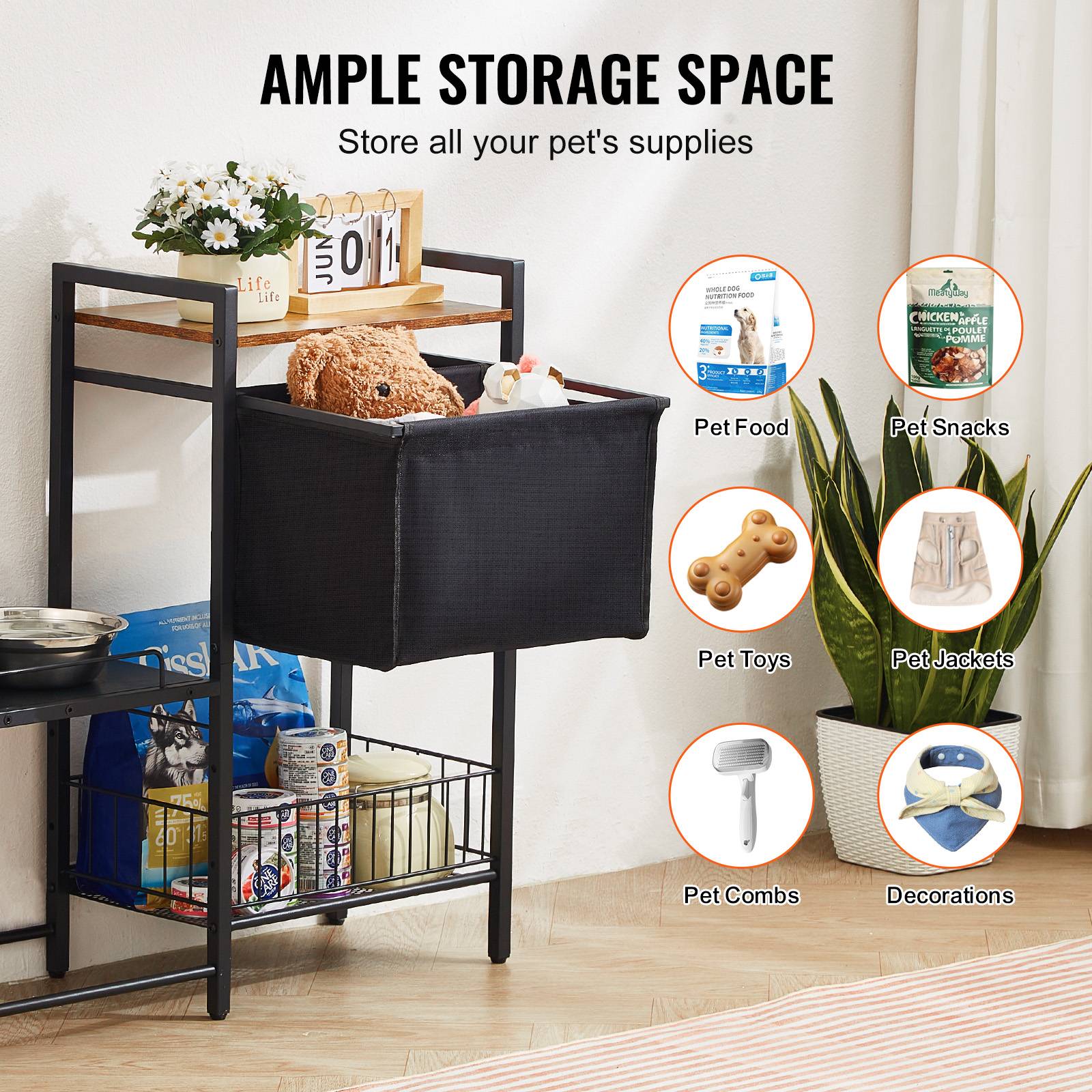 VEVOR Support gamelle surélevée réglable 92x27x75 cm, étagère rangement jouets et nourriture pour chiens toutes tailles. - Image 6