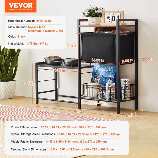 VEVOR Support gamelle surélevée réglable 92x27x75 cm, étagère rangement jouets et nourriture pour chiens toutes tailles. - Image 7