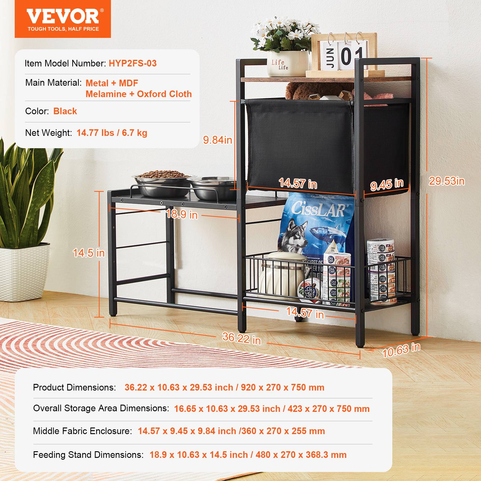 VEVOR Support gamelle surélevée réglable 92x27x75 cm, étagère rangement jouets et nourriture pour chiens toutes tailles. - Image 7