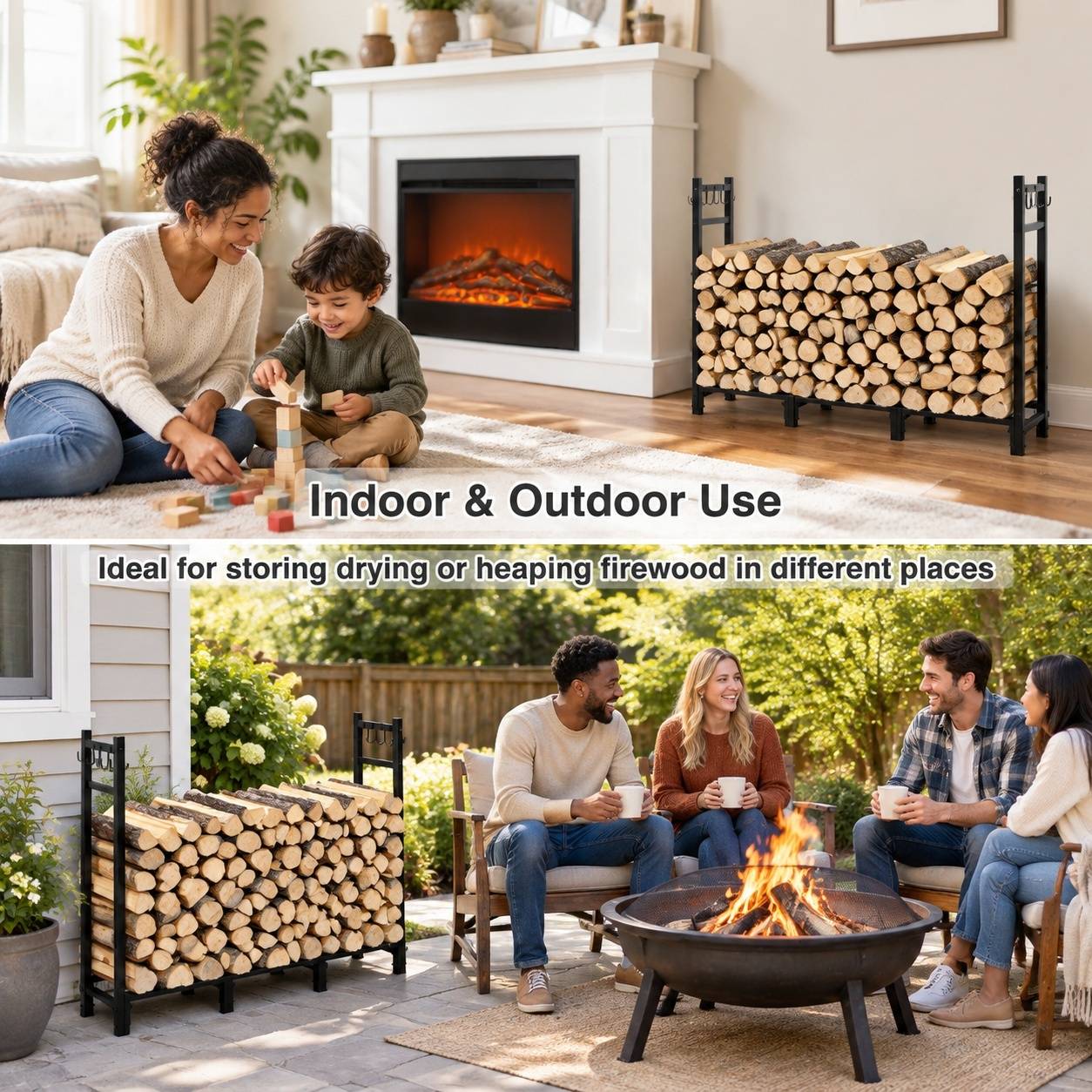 Support à Bûches Ajustable Extérieur avec 4 Crochets Rangement Bois - Image 3