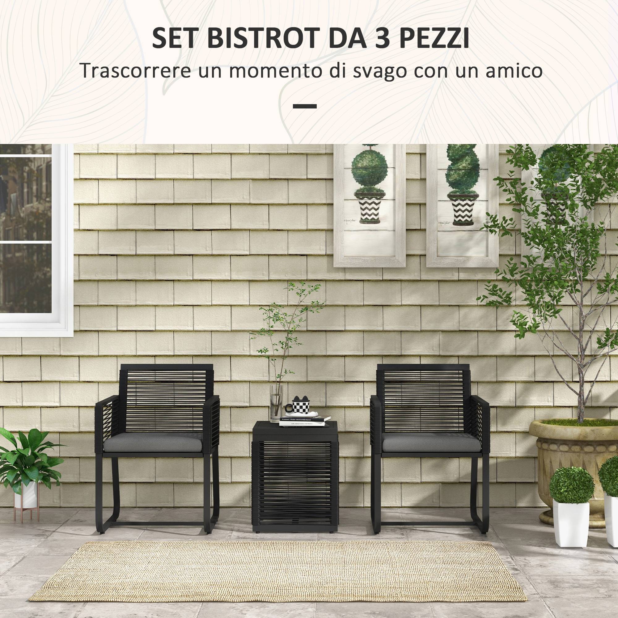 Ensemble jardin rotin, 2 chaises avec coussins et table basse verre, noir - Image 6