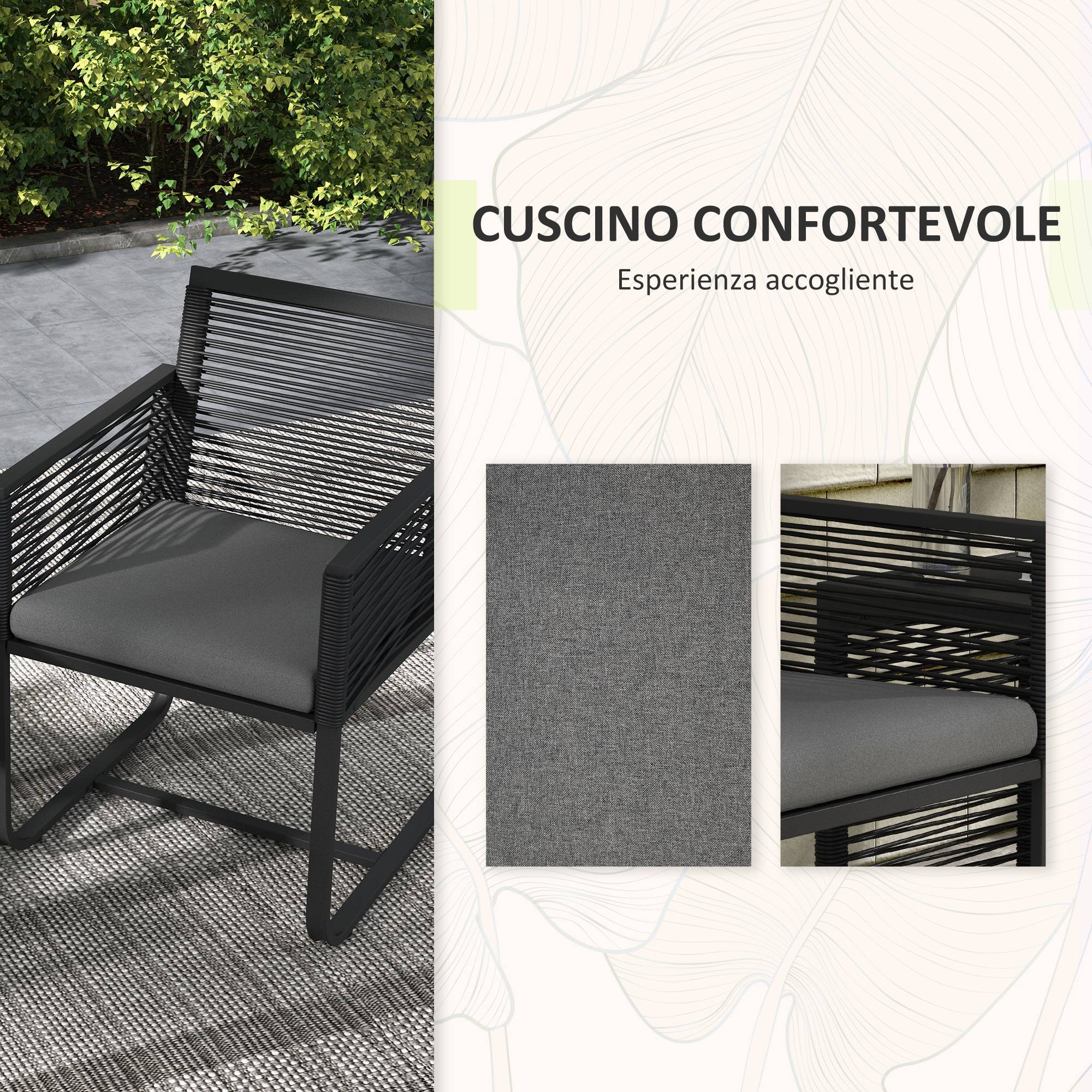 Ensemble jardin rotin, 2 chaises avec coussins et table basse verre, noir - Image 7