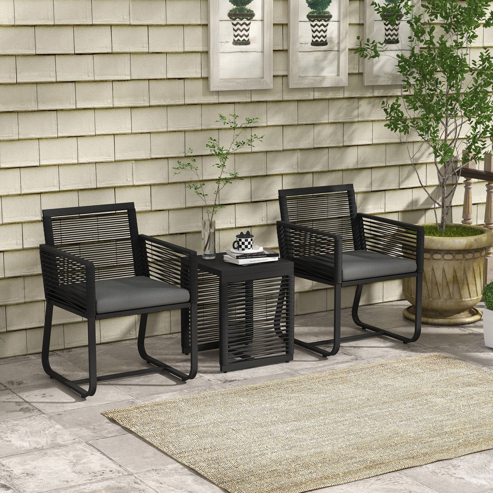 Ensemble jardin rotin, 2 chaises avec coussins et table basse verre, noir - Image 3
