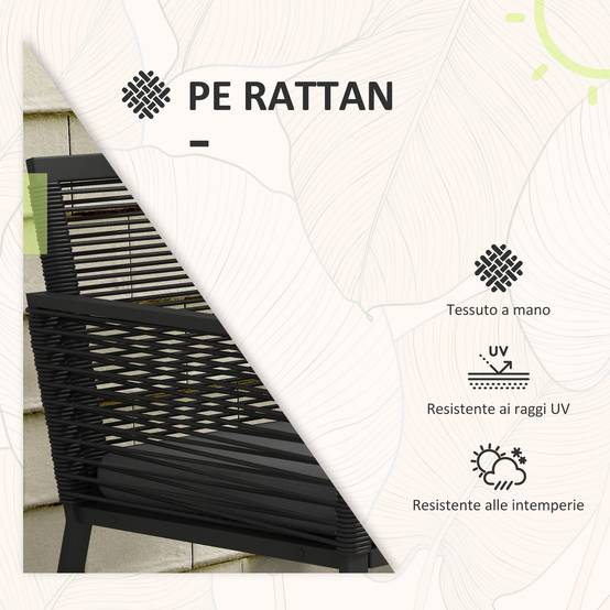 Ensemble jardin rotin, 2 chaises avec coussins et table basse verre, noir - Image 8