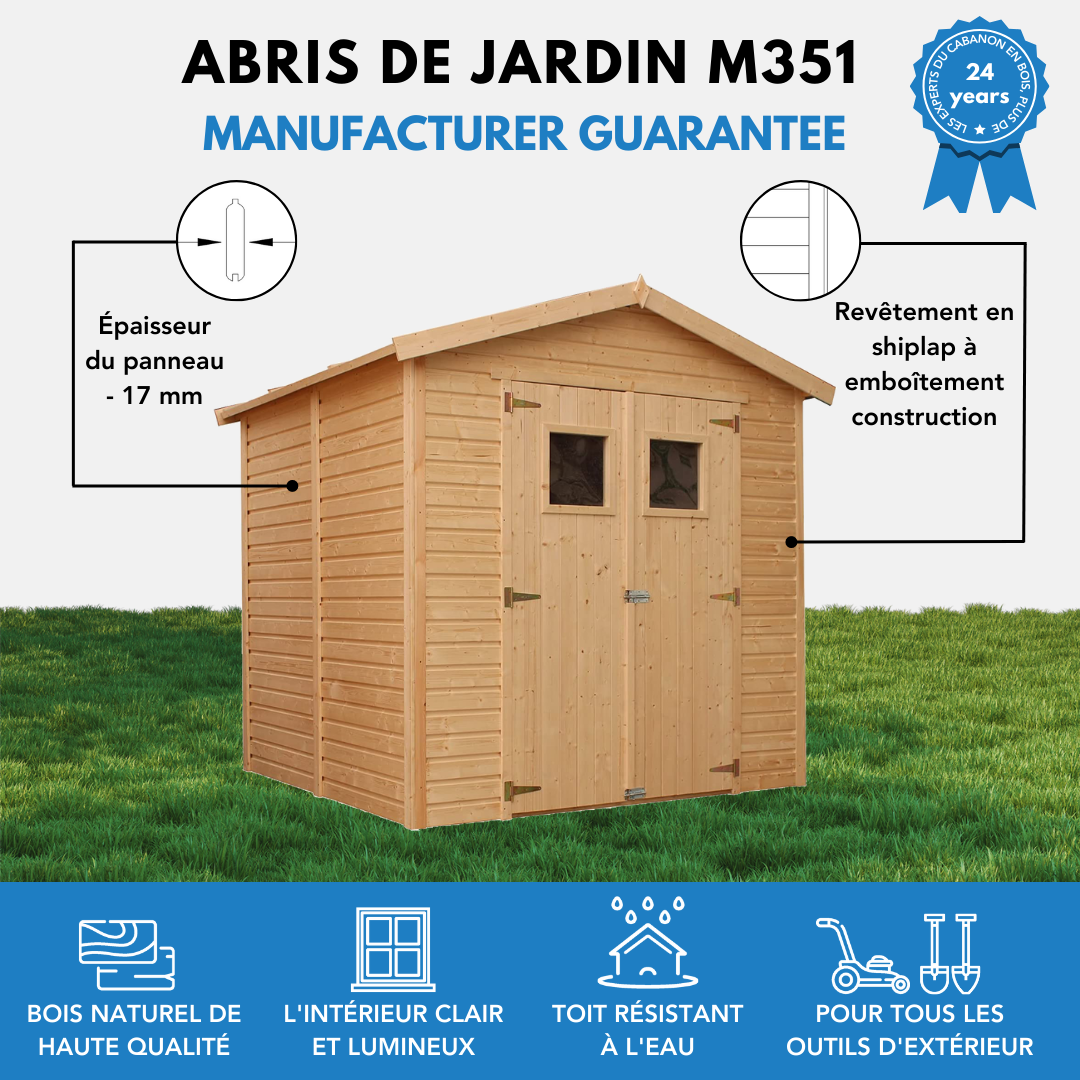 Timbela - Abri de Jardin en Bois Naturel H228x222x233 cm/ 4,2 m² avec fenêtres - Atelier rangement outils et vélos - 17 mm d’épaisseur - Timbela M351 - Image 9