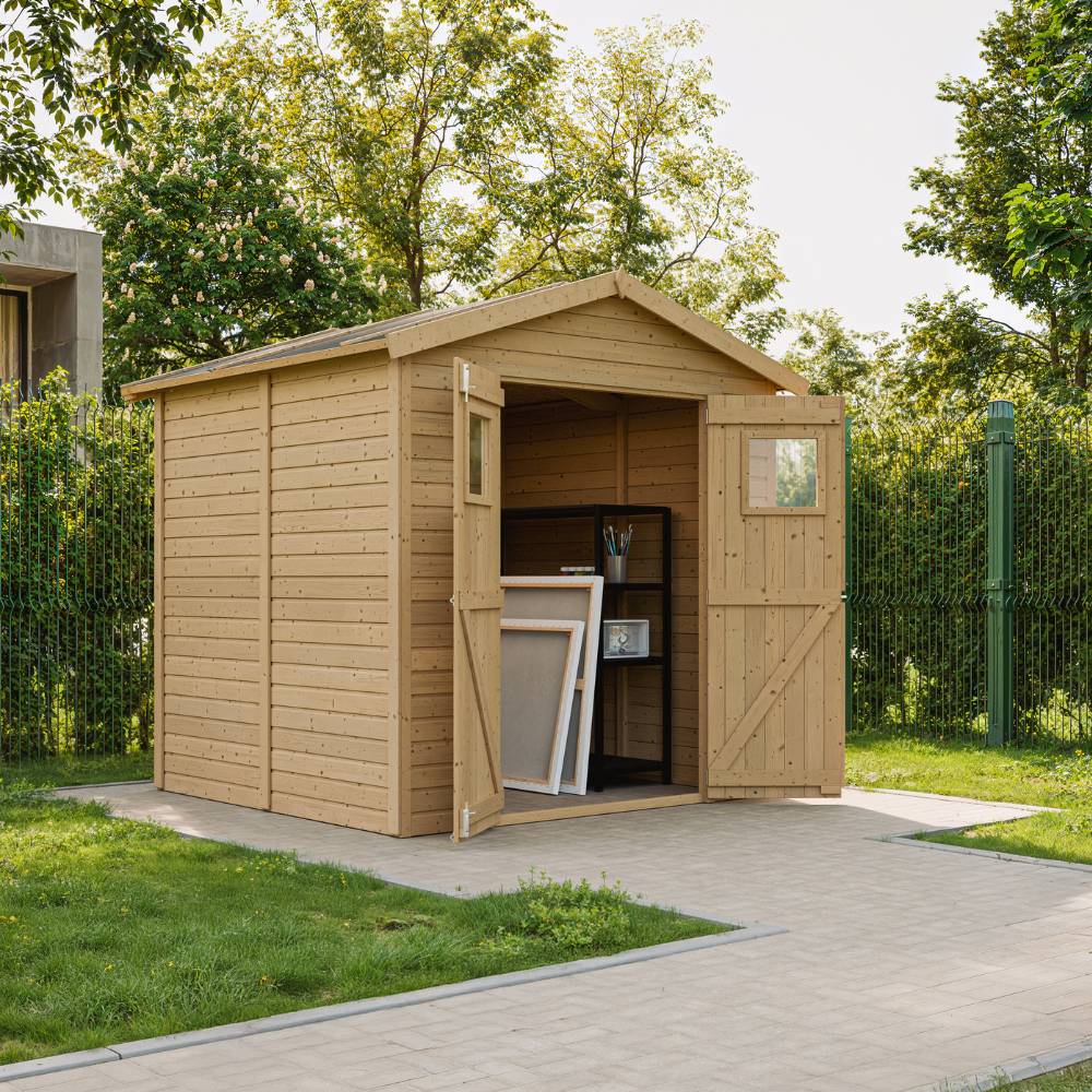 Timbela - Abri de Jardin en Bois Naturel H228x222x233 cm/ 4,2 m² avec fenêtres - Atelier rangement outils et vélos - 17 mm d’épaisseur - Timbela M351 - Image 2