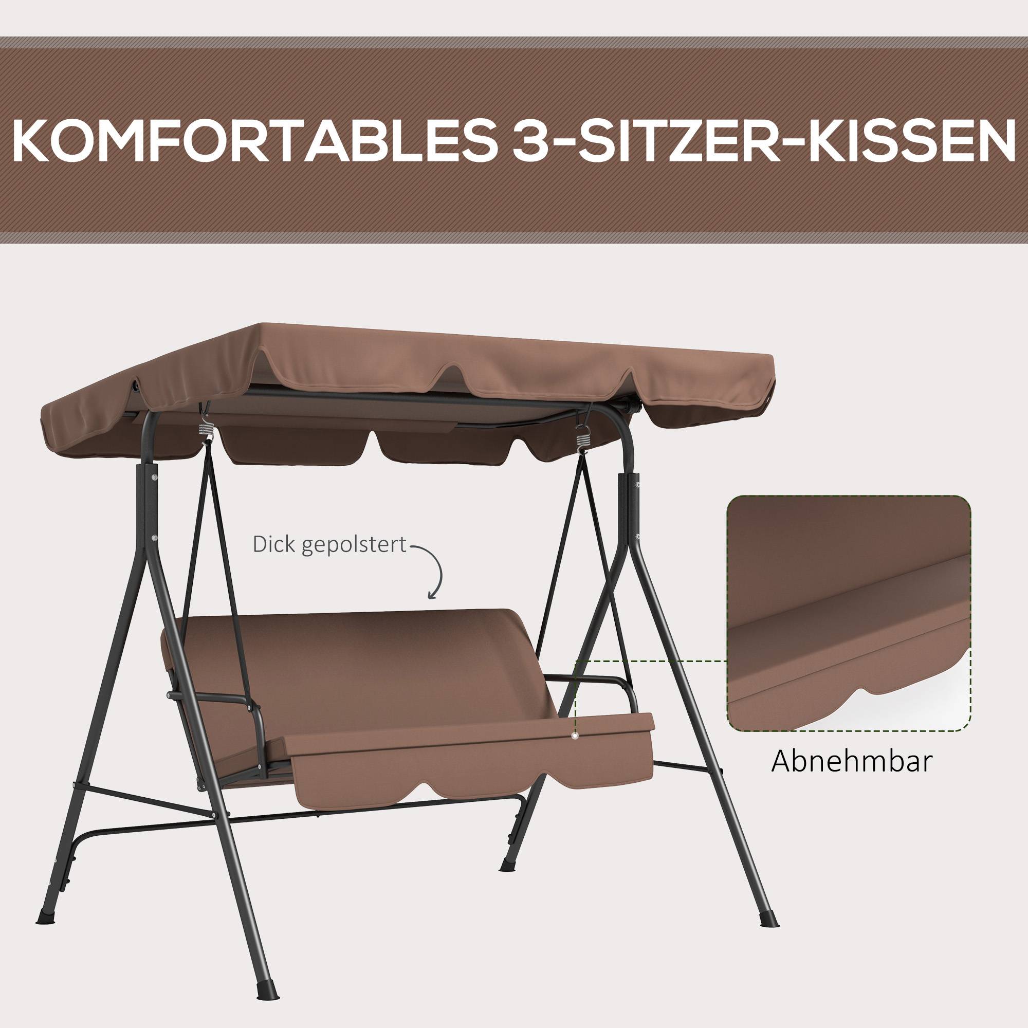 Balancelle de jardin 3 places acier extérieur toit inclinable confort 172x110cm marron - ComfortXL Outdoor Living - Image 9