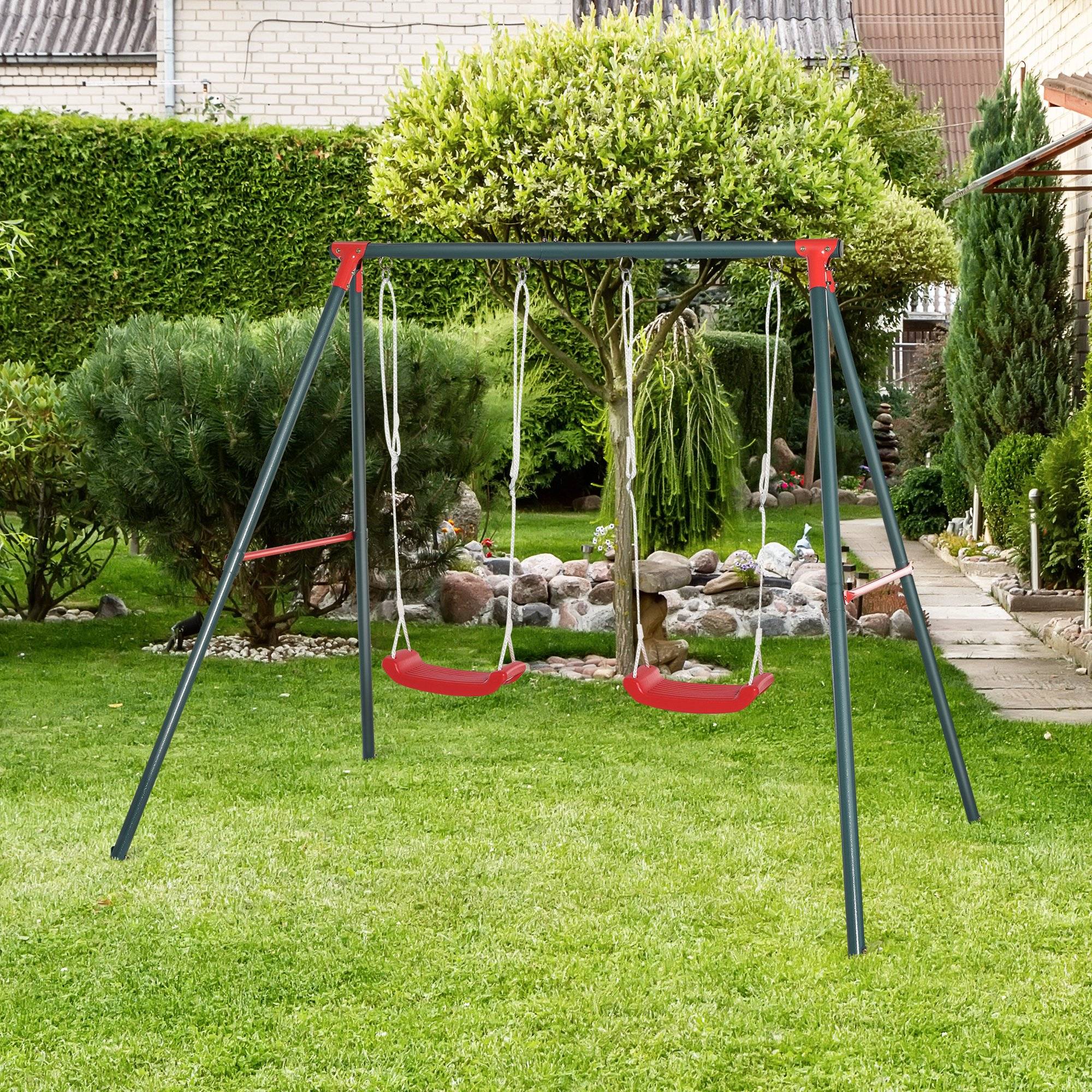 Balançoire double enfant 3 ans, corde réglable, 239x156x180 cm vert/rouge - Image 4