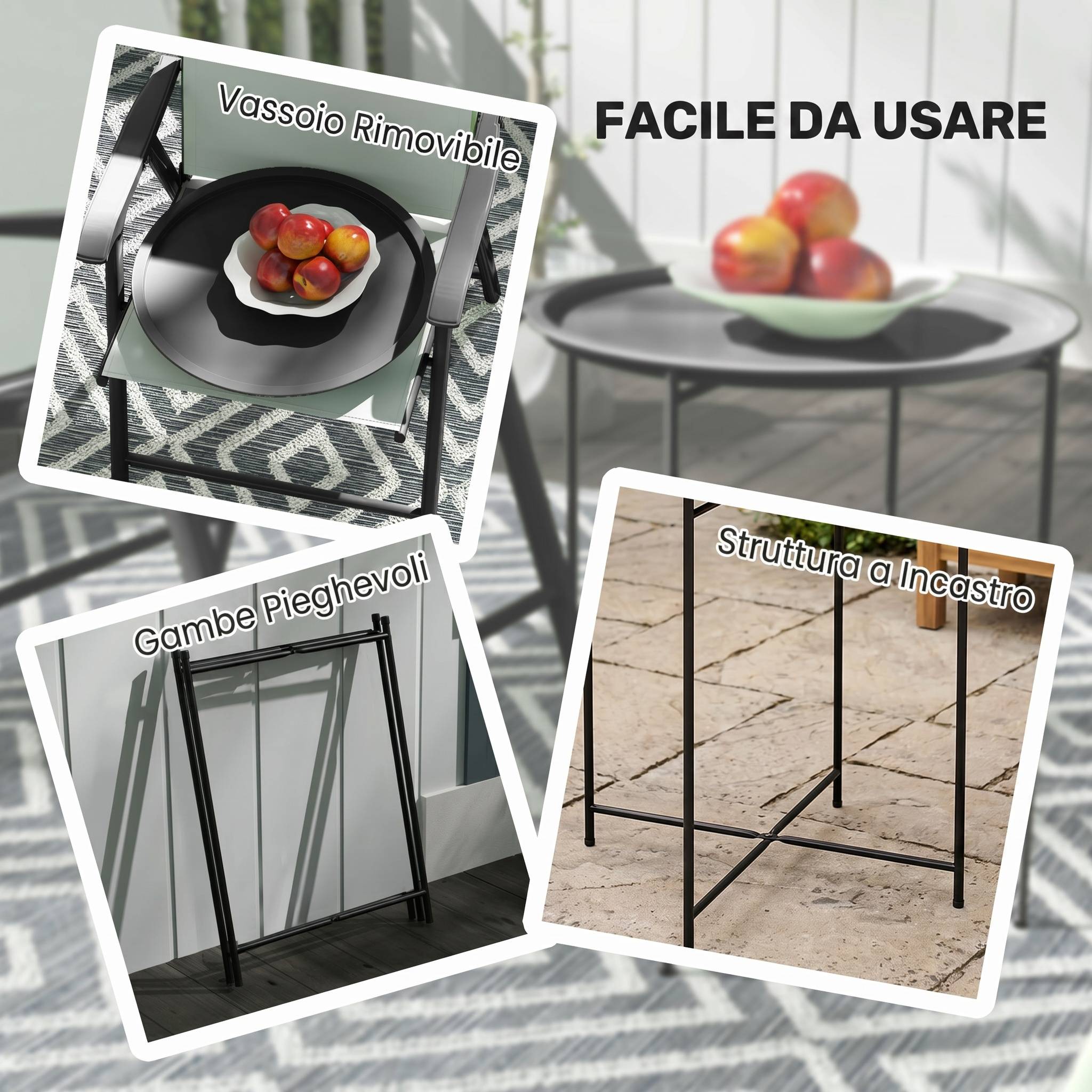 Table de jardin ronde avec plateau amovible, pieds réglables et finition acier pour une utilisation extérieure Ø46x50 cm Noir - Image 6