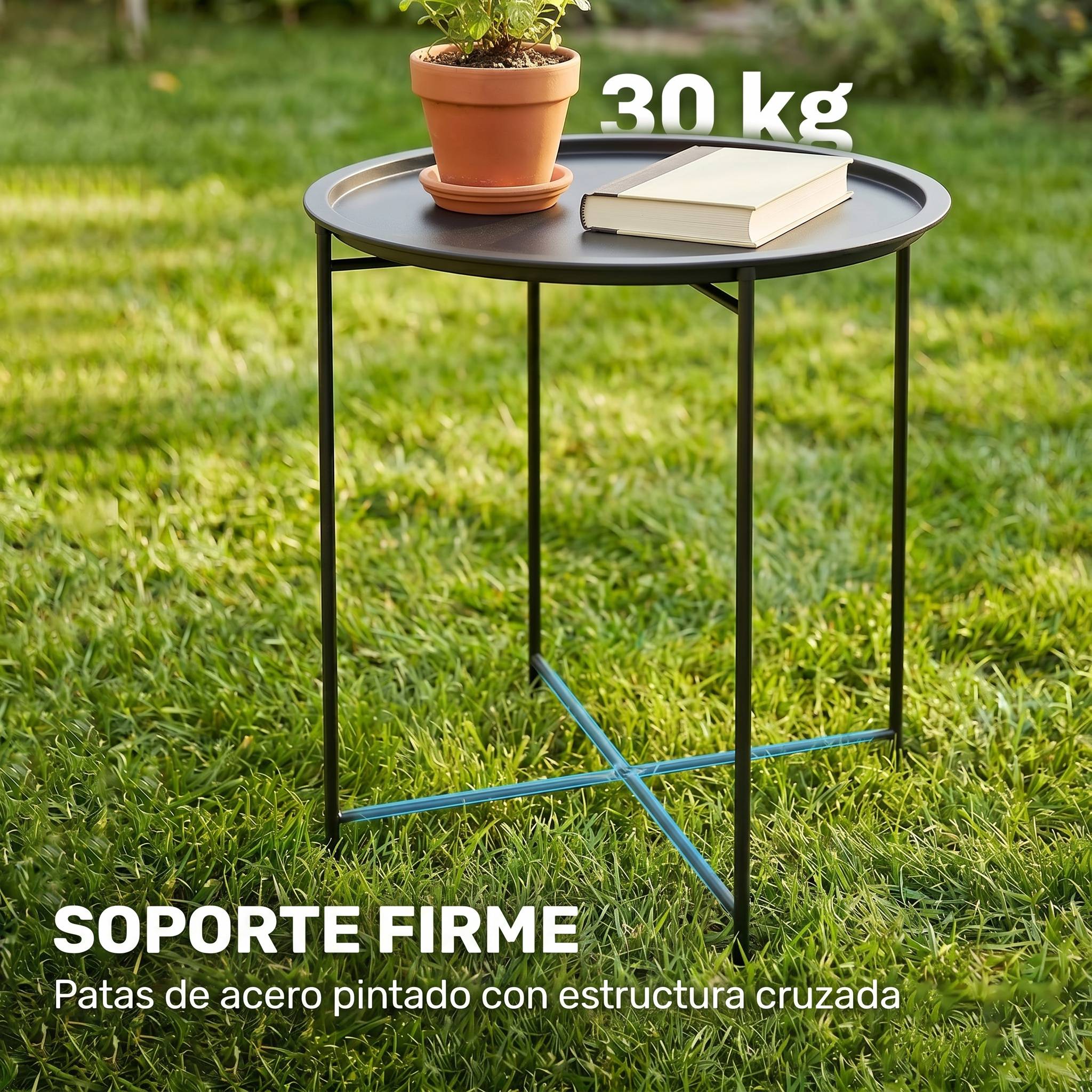 Table de jardin ronde avec plateau amovible, pieds réglables et finition acier pour une utilisation extérieure Ø46x50 cm Noir - Image 7